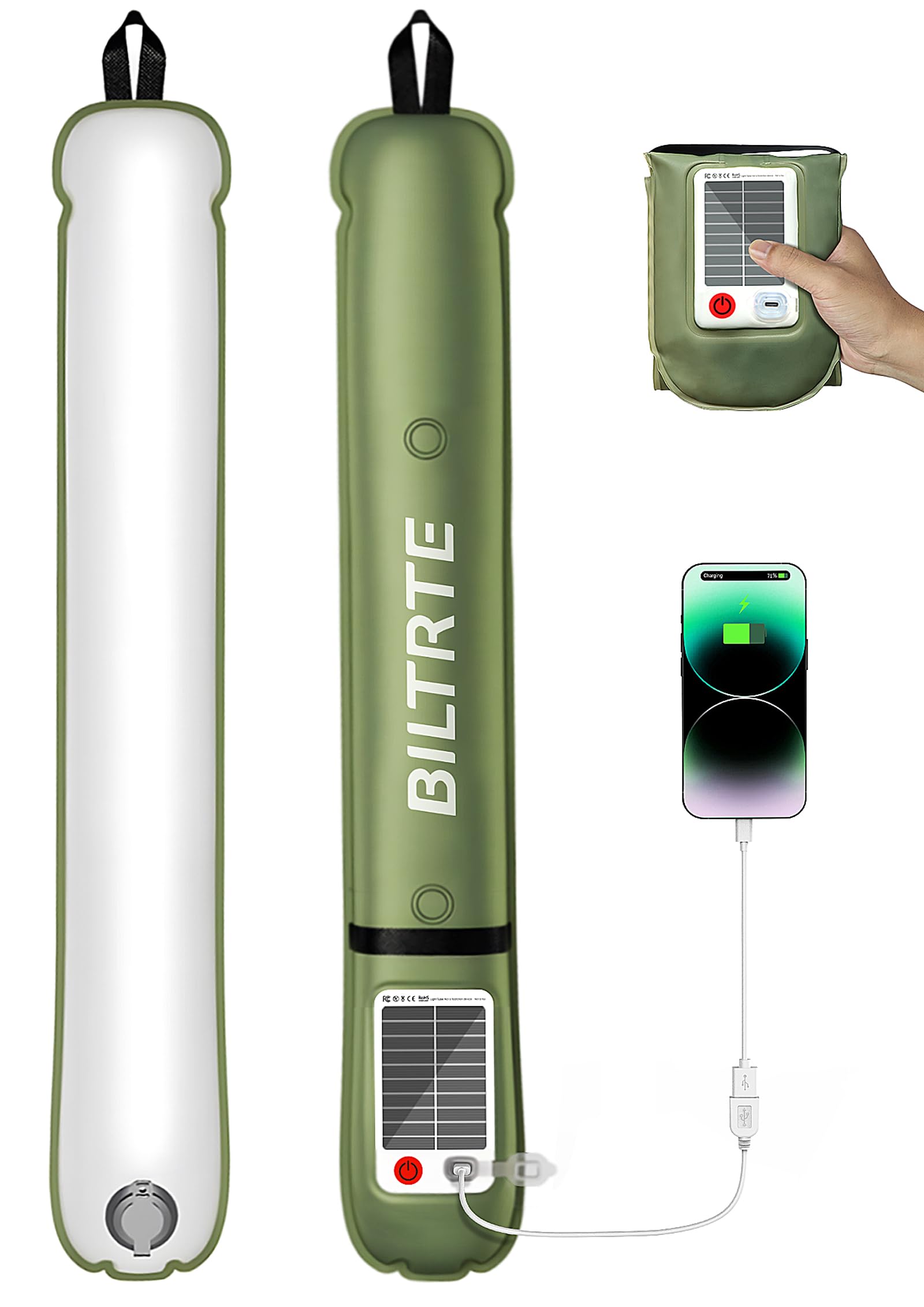 BILTRTE Solar Camping Lights, Rechargeable Inflatable Lamp, IP66 Waterproof, USB & Solar, Green, Model S60