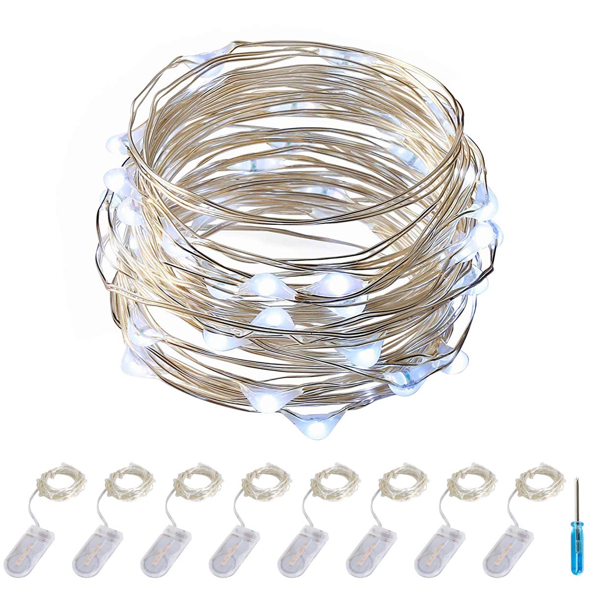 ITART Micro LED String Lights Battery Powered Set of 8 Cool White Mini Fairy Light 20 LED 6ft Ultra Thin Silver Wire Rope Lights for Craft DIY Costume Centerpieces Display