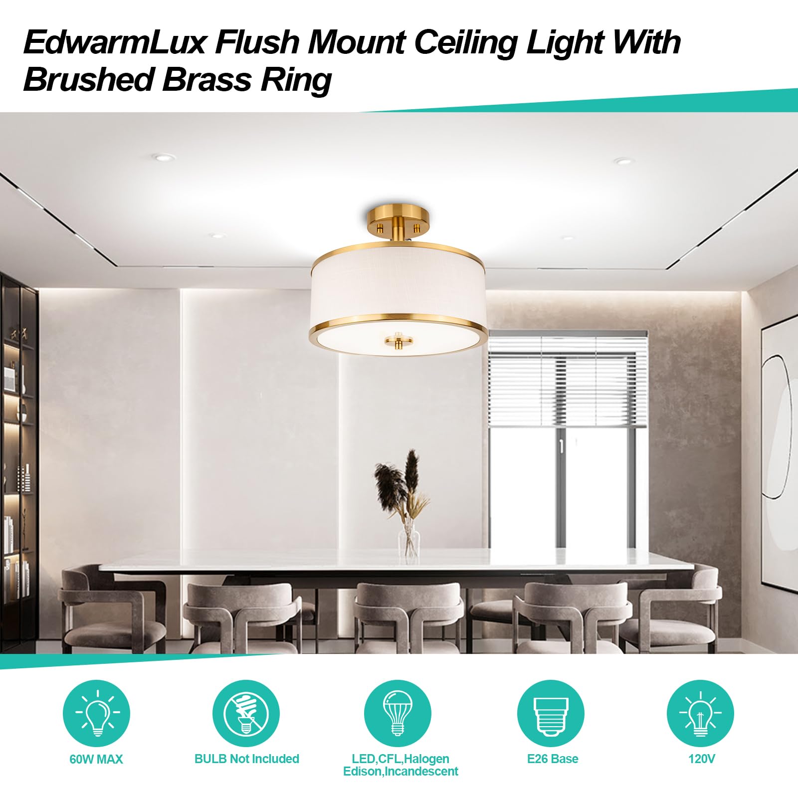 Edwarmlux 3-Light Semi Flush Mount Ceiling Light, 12.6" Brushed Gold & White Fabric Shade, Modern Fixture for Living Room & Kitchen - PL-LSF502D