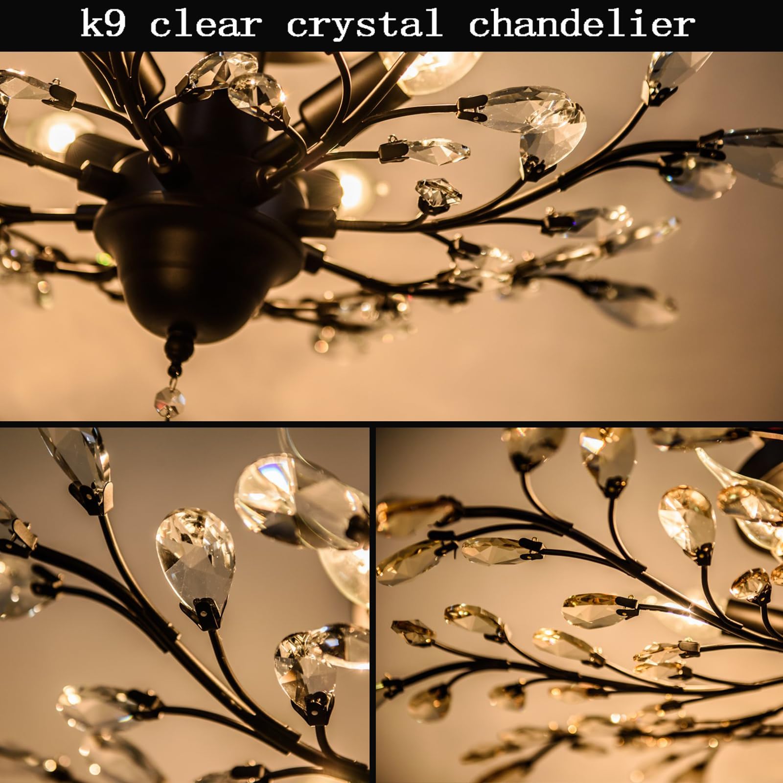 Ganeed Crystal Ceiling Light Chandelier, 5-Light Flush Mount Fixture, Modern Black Iron & K9 Crystal, Model GLM-XDD-5B