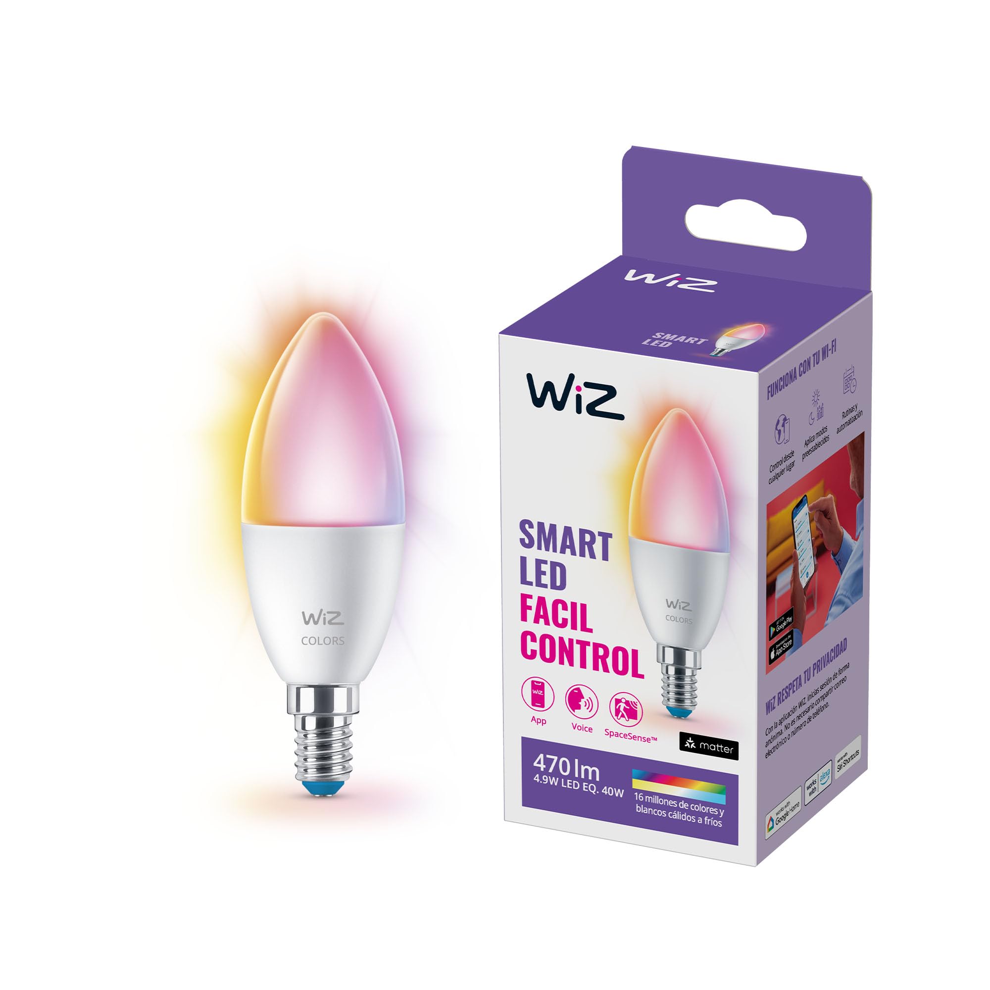 Wiz 40W B12 Color Led Smart Candle-Shaped Bulb - Pack Of 1 - E26- Indoor - Connects To Your Existing Wi-Fi - Control With Voice 