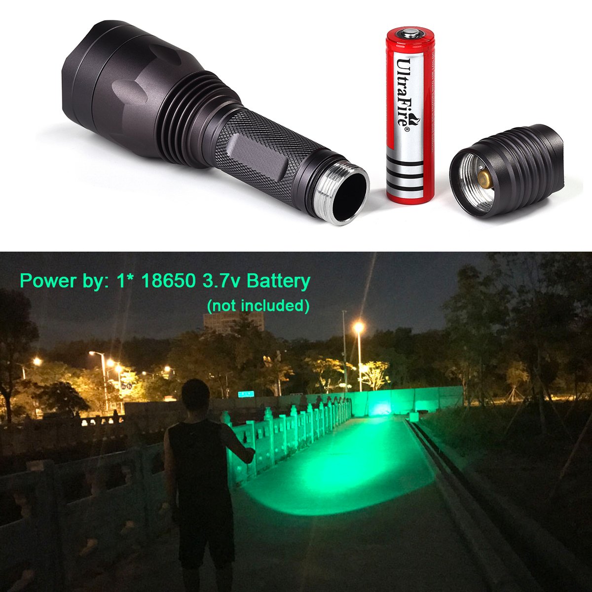 Ultrafire Green Hunting Flashlight, 650 Lumens, Single Mode, 520-535 Nm Wavelength 256 Yards,Tactical Led Night Hunting Light Fo