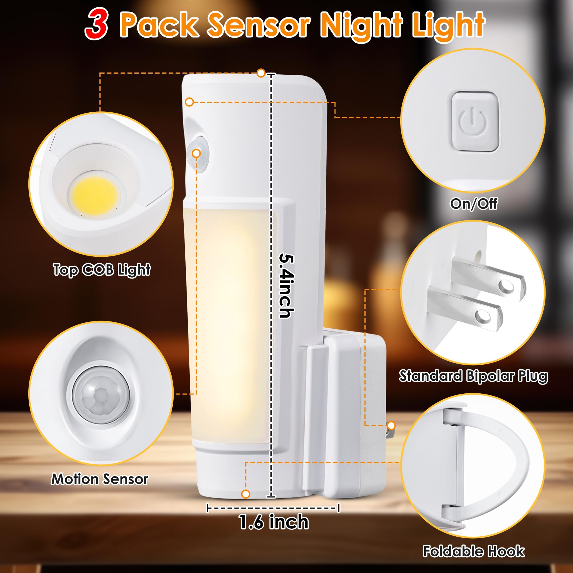 Enhon 4 in 1 LED Rechargeable Flashlights, 3 Pack Emergency Lights with Motion Sensor, Portable Power Outage Night Light - White