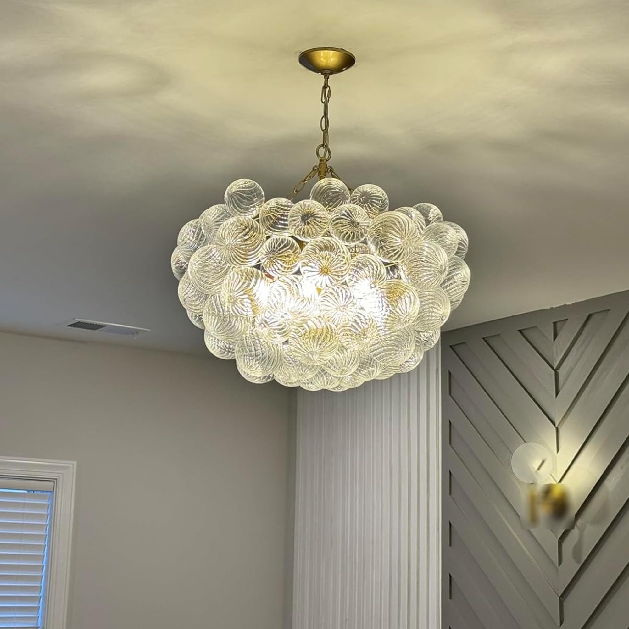 BeyPan Bubble Glass Chandelier Pendant Light Fixture, 24in Round Ribbed Globe, Clear Blown Glass, Model LR1506