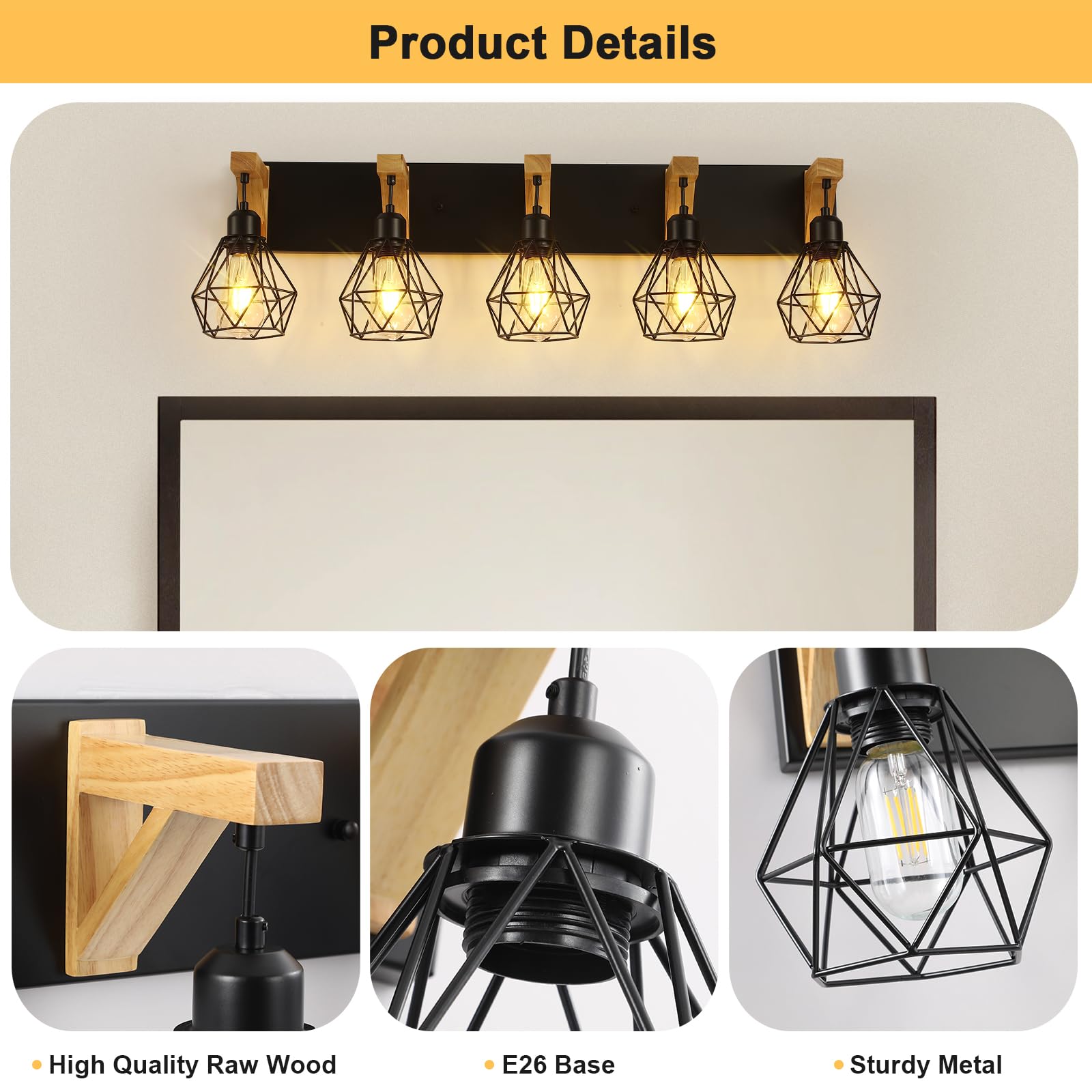 maesta 5-Light Bathroom Vanity Light Fixture, Rustic Metal Sconces, Wood Design, Black, Model MA017