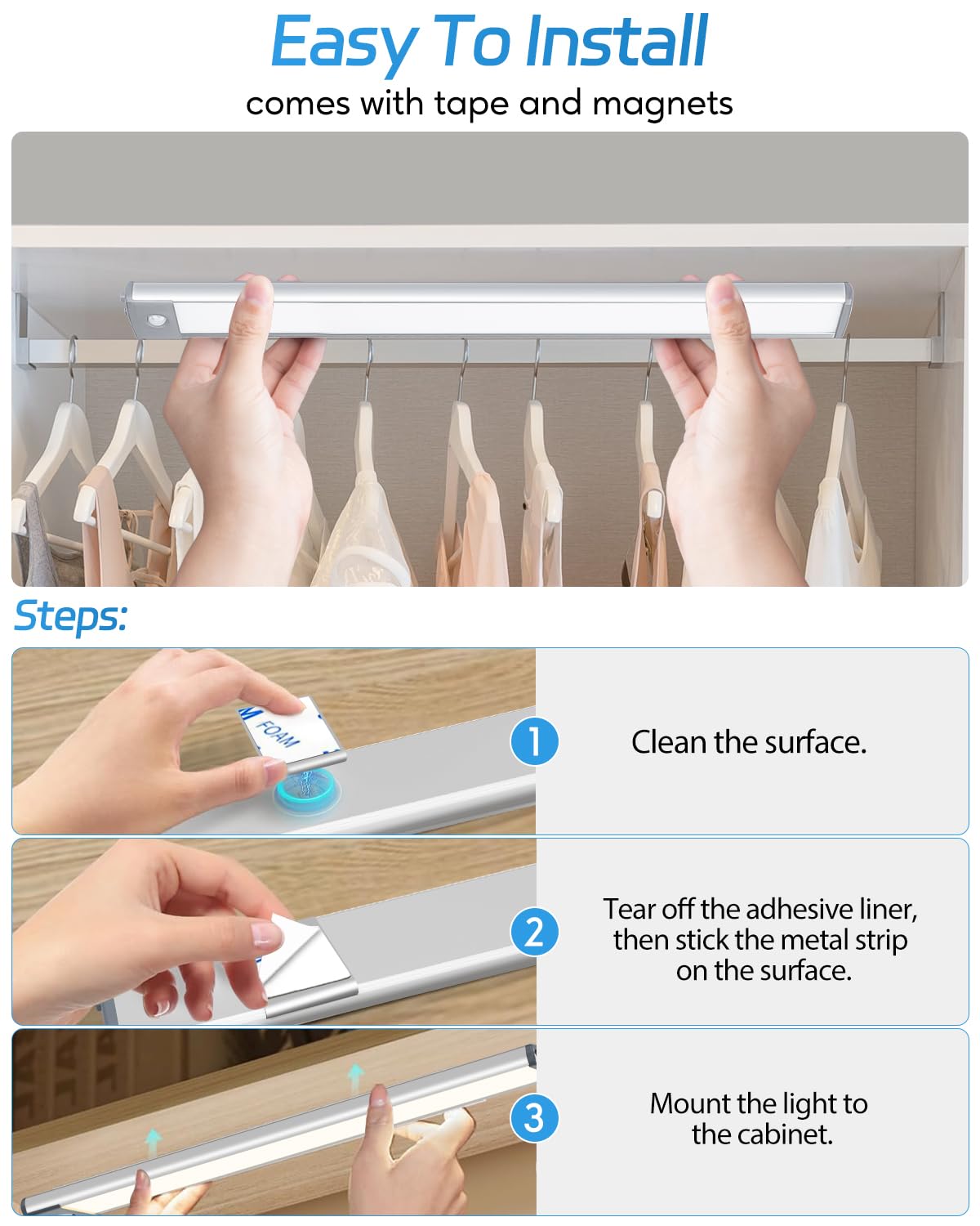 HIBOITEC Under Cabinet Lights, 35LED, Wireless Rechargeable, 3 Color Temperatures, 8inch Size, 2 Pack