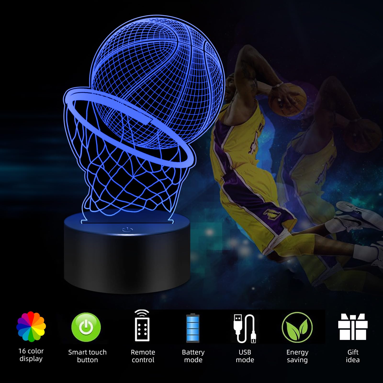 Menomino Basketball 3D Illusion Night Light Lamp Toys With Remote Control 16 Colors Changing, Basketball Accessories Stuff Decor