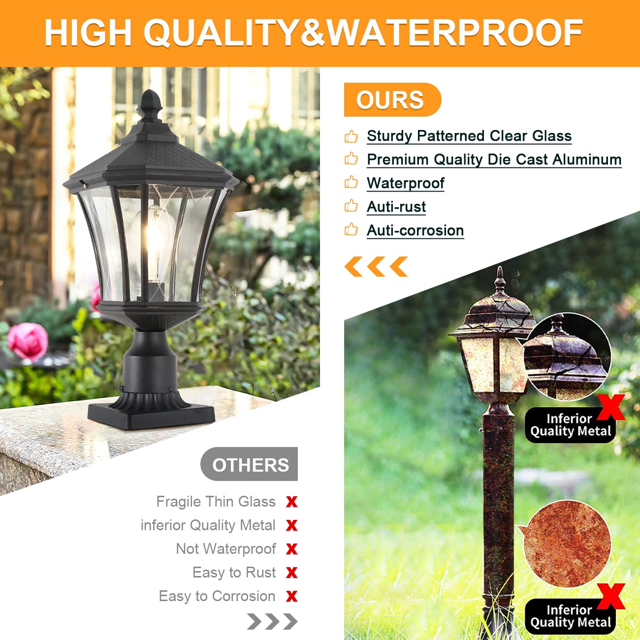 Post Lights Outdoor Post Lantern 20'' Exterior Post Coach Light With Pier Mount Base, Weather Resistant Aluminum With Clear Glas