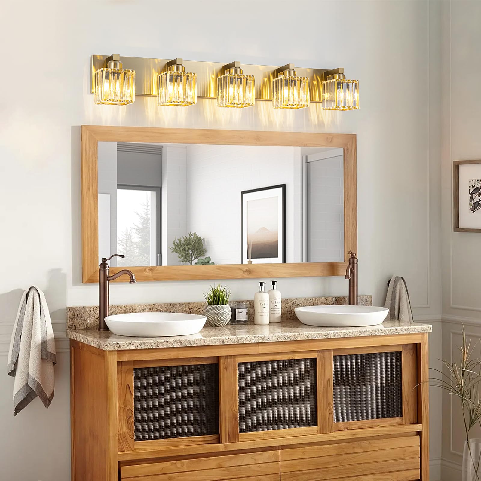 Huoku Gold Crystal Bathroom Vanity Lights, 5 Lights Bathroom Lighting Fixtures Over Mirror Modern Gold Crystal Bathroom Wall Lig
