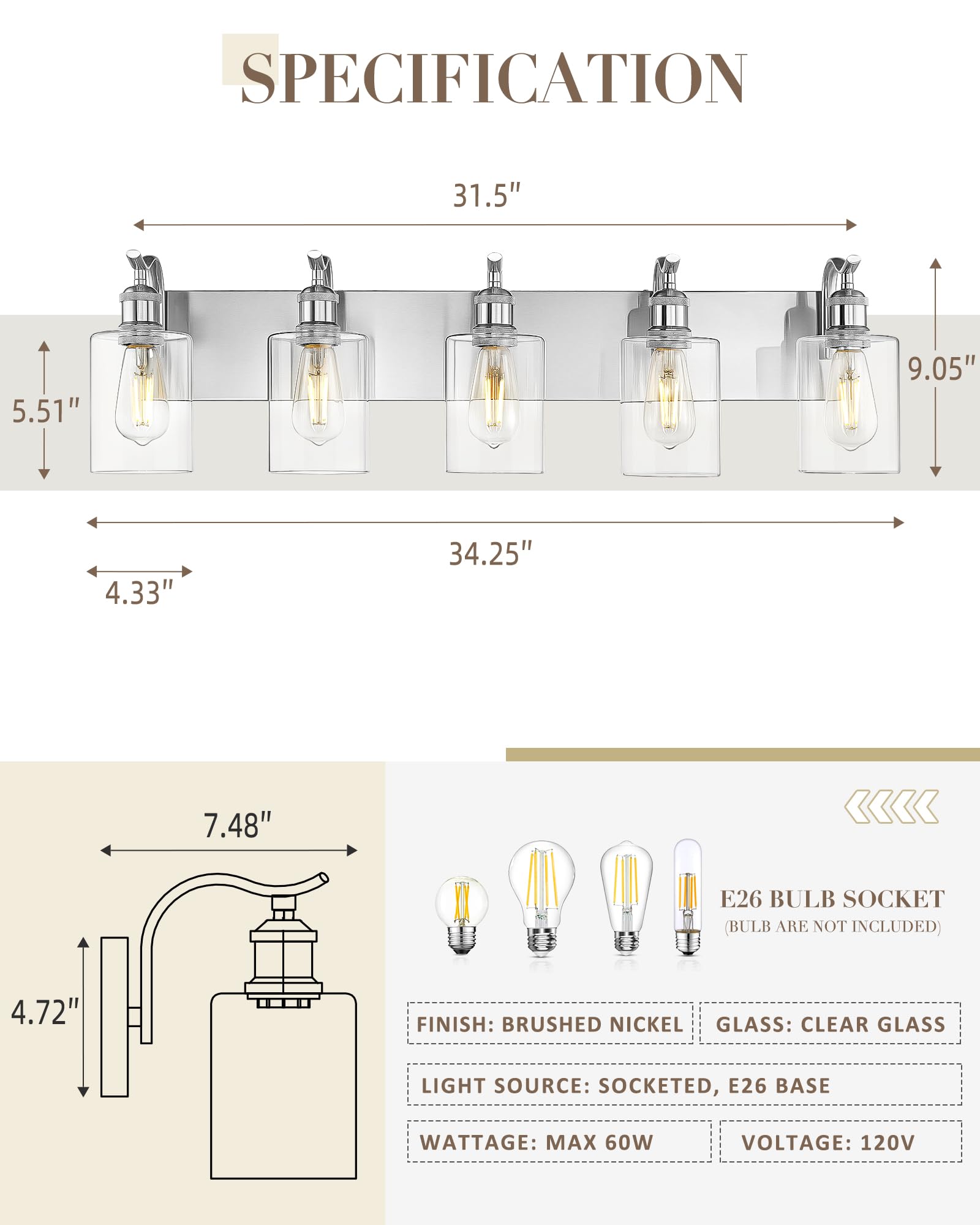 Jazava 5 Light Bathroom Vanity Light  Brushed Nickel Vanity Lights For Morden Bathroom Lighting Fixtures Over Mirror Wall Light Fixtures With Clear Glass Shade Zcvl01Bn-5