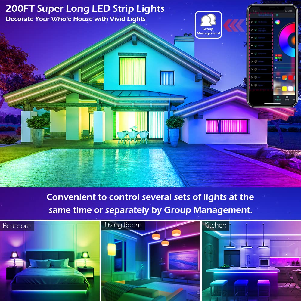 LETIANPAI LED Strip Lights, 200FT RGB Color Changing, Bluetooth APP/IR Remote, Music Sync, Plastic for Home Decoration