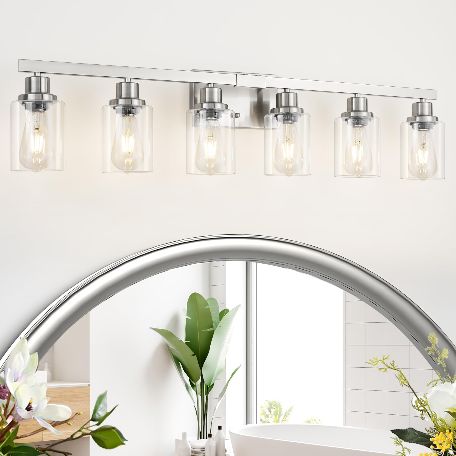 Dikaida 6-Light Bathroom Vanity Light, Nickel Metal Wall Sconce With Clear Glass Shade, Model Ns-6