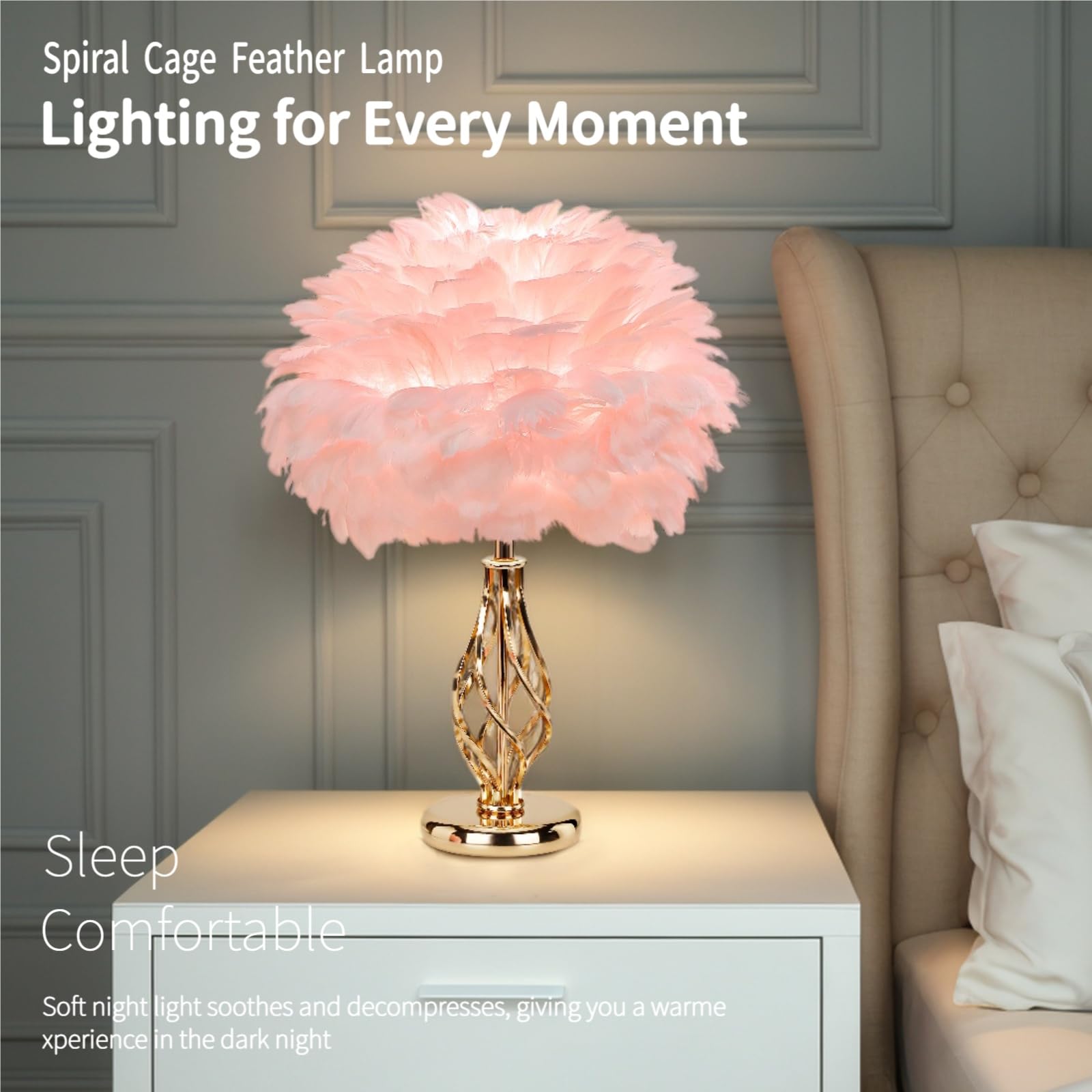 Lincwonz Feather Table Lamp With Unique Golden Spiral Cage Base - 3-Color Temperature Light, Perfect For Girls' Bedroom Bedside