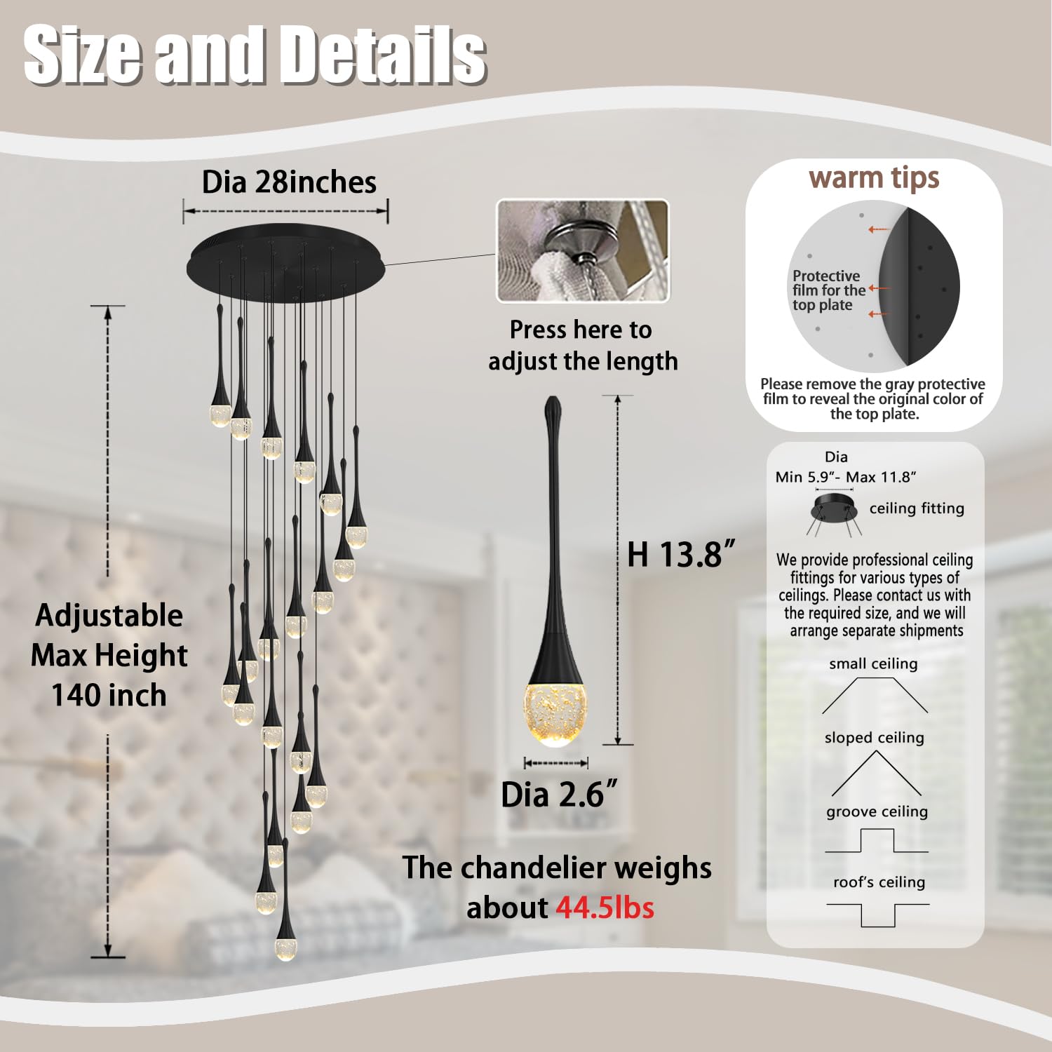 ykolupty Modern 20-Light Black Chandelier - Crystal Pendant Light for Staircase, Lobby, Living Room, Bedroom, High Ceilings