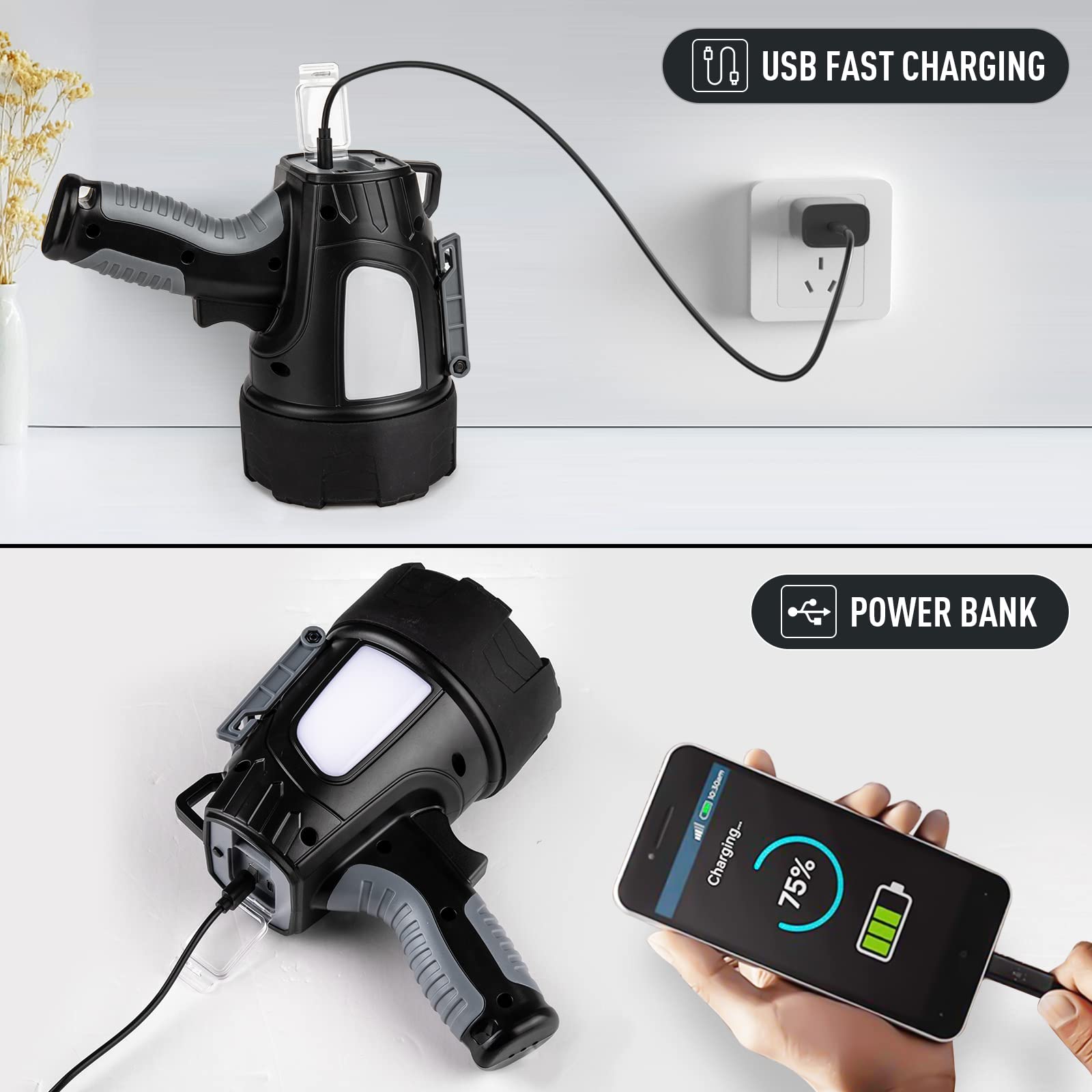 Lbe Rechargeable Spotlight Outdoor,1000,000 Lumens Led Spotlight Flashlight With Cob Light And Foldable Tripod, 6 Modes Waterpro