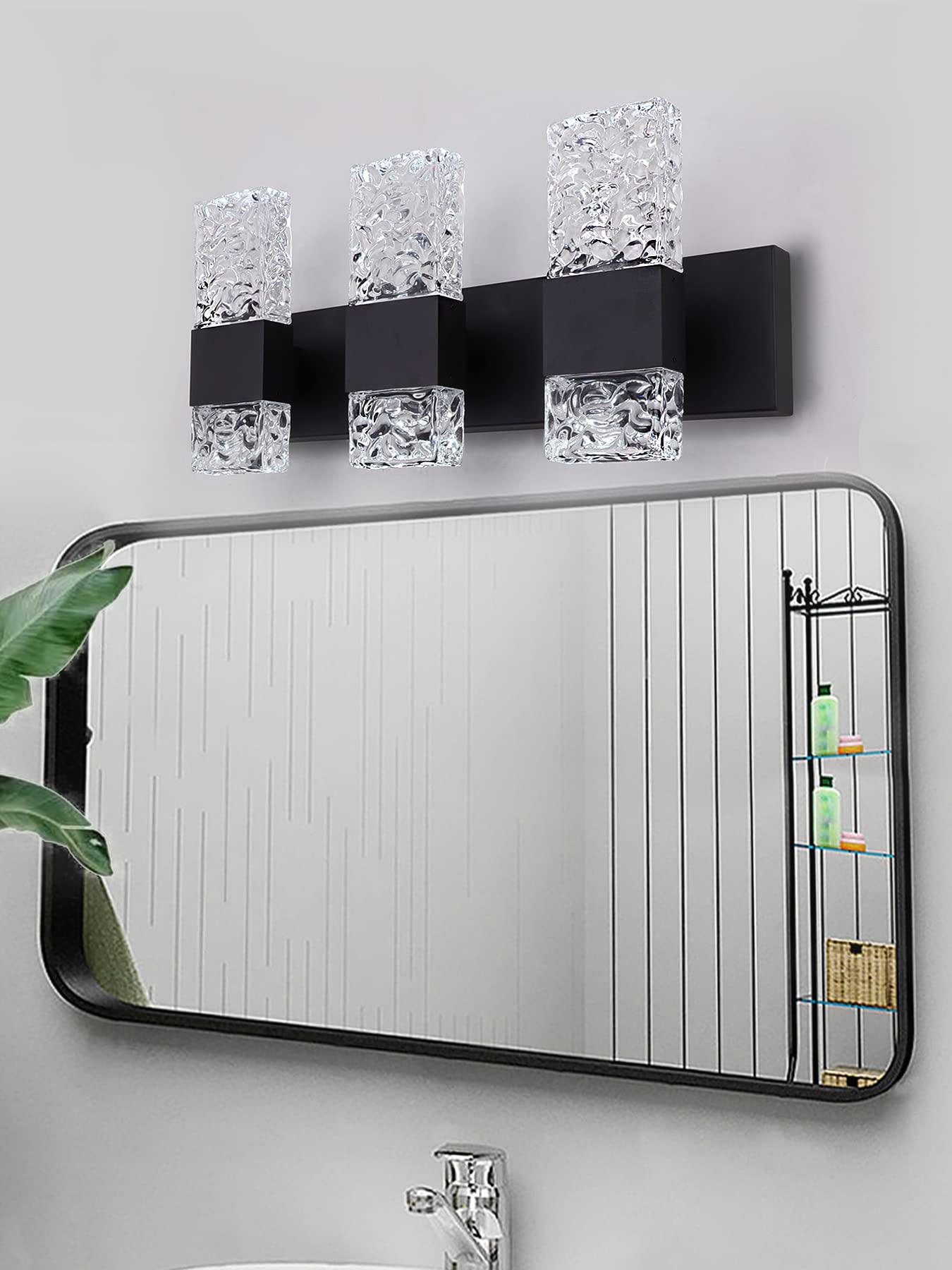 Oylyw Black 3-Light Bathroom Vanity Light Fixture, Modern Led Crystal Wall Light, 6000K