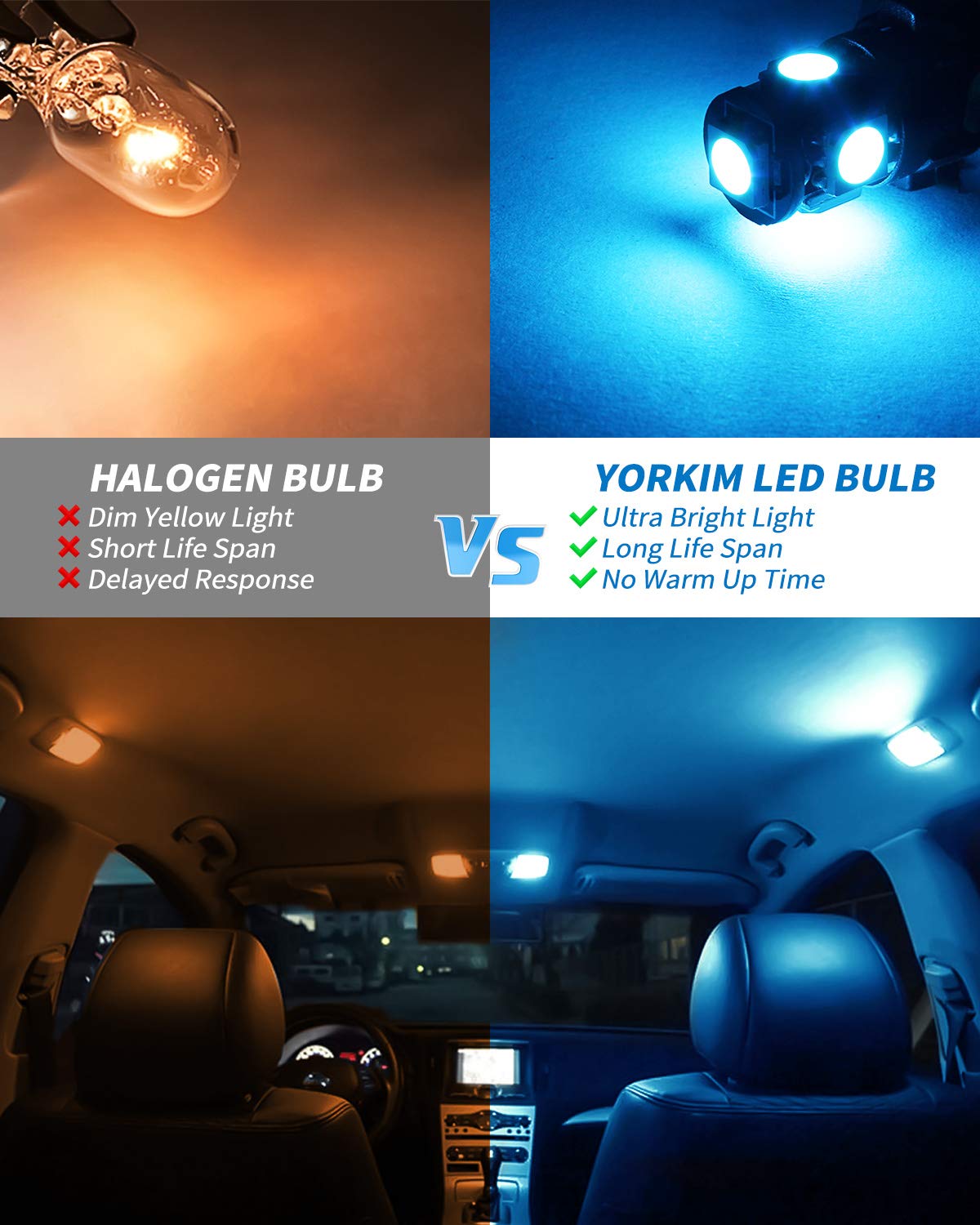 Yorkim T10 LED Bulbs, Ice Blue, Super Bright 5th Gen, 168 for Car Interior Dome, Pack of 10, Model 3071