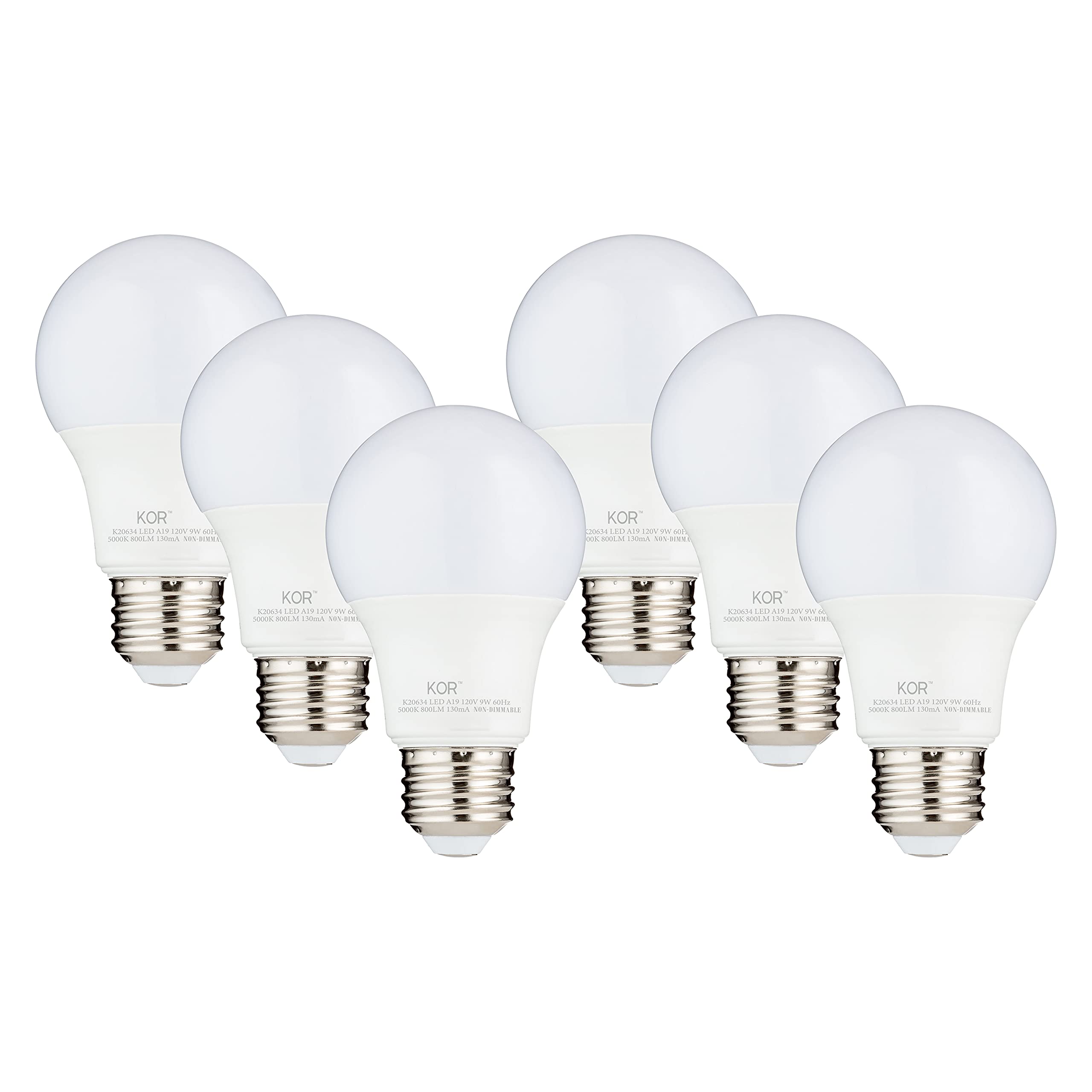 (6 Pack) Kor 9W Led A19 Light Bulb - (60W Equivalent), Ul Listed, 5000K (Bright White - Daylight), 750 Lumens, Non-Dimmable, Led