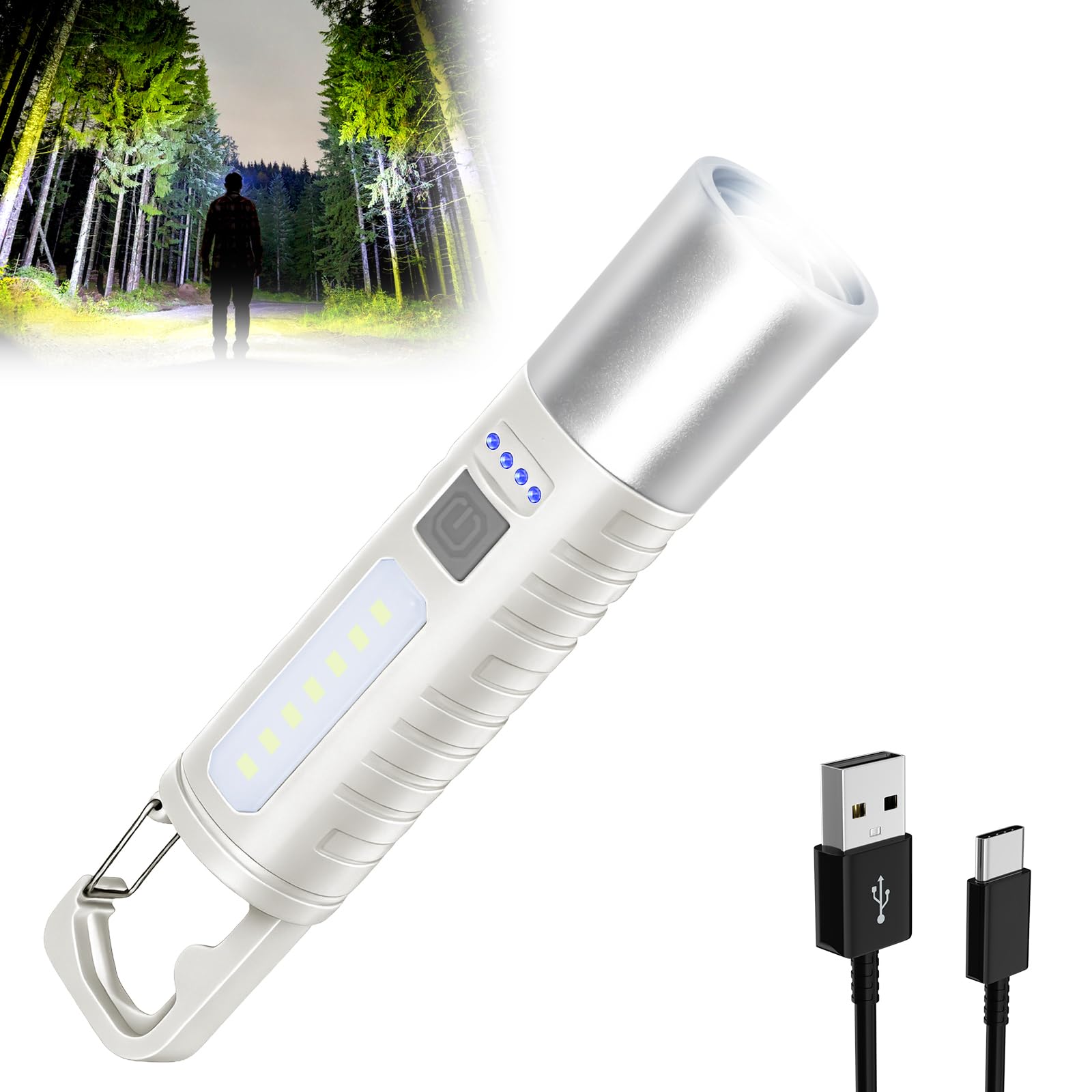 toomkey Small Rechargeable LED Flashlight, 500LM Ultra-Lightweight Handheld Light with COB Side Light, Zoomable, 4 Modes, USB-C,