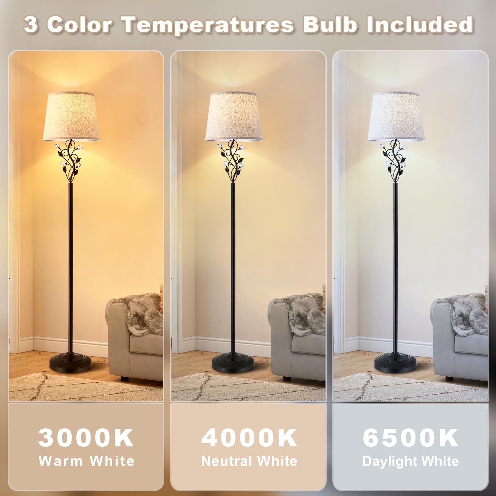 Sheeta 65 Floor Lamps For Living Room With 3 Color Temperatures Led Bulb, Standing Lamp Tall Farmhouse Floor Lamp With Rustic Le