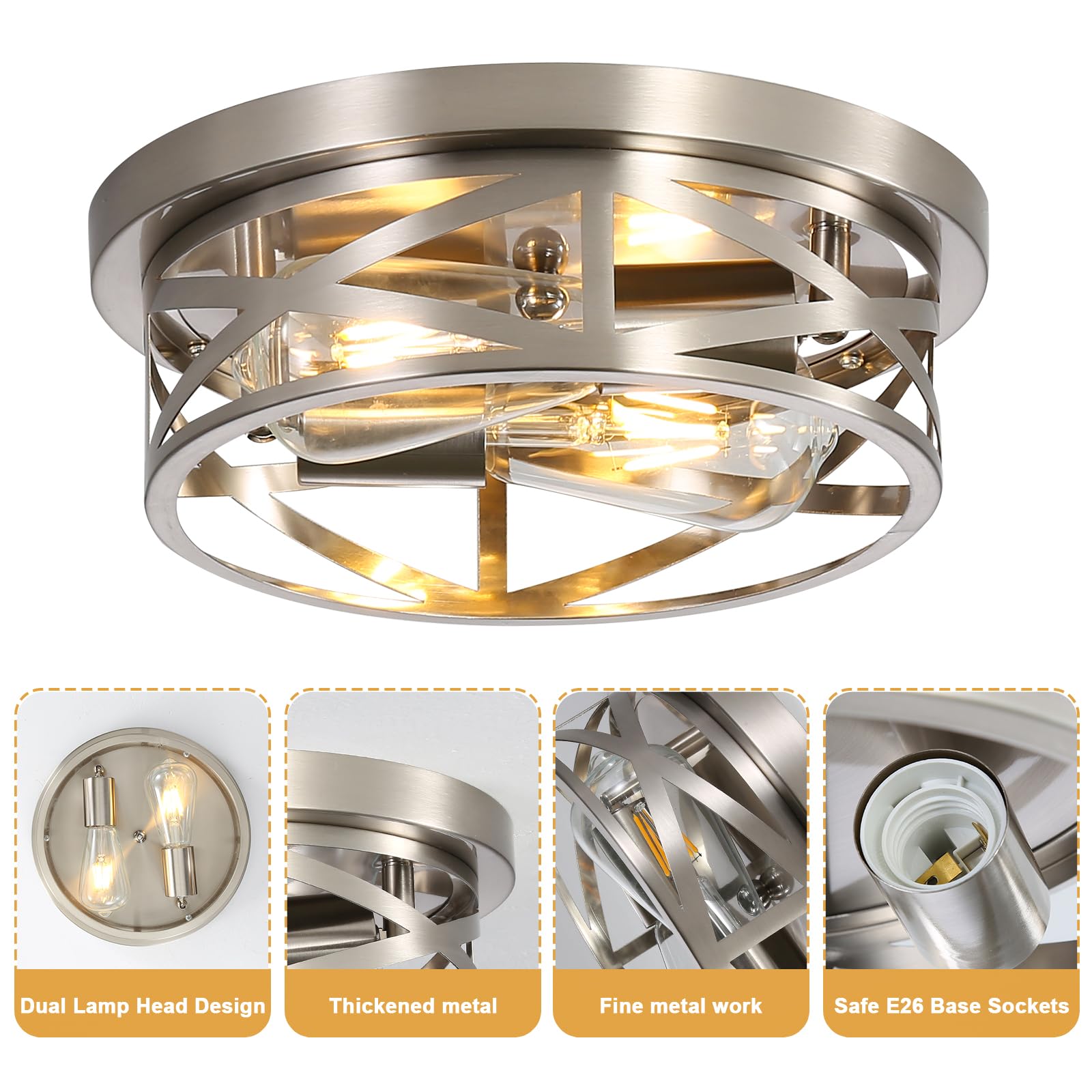 2 Pack Close To Ceiling Lights, Modern Brushed Nickle Flush Mount Ceiling Light Fixture, 11 Inch Modern E26 Base Metal Cage Indoor Kitchen Ceiling Lights For House Hallway Bedroom Living Room