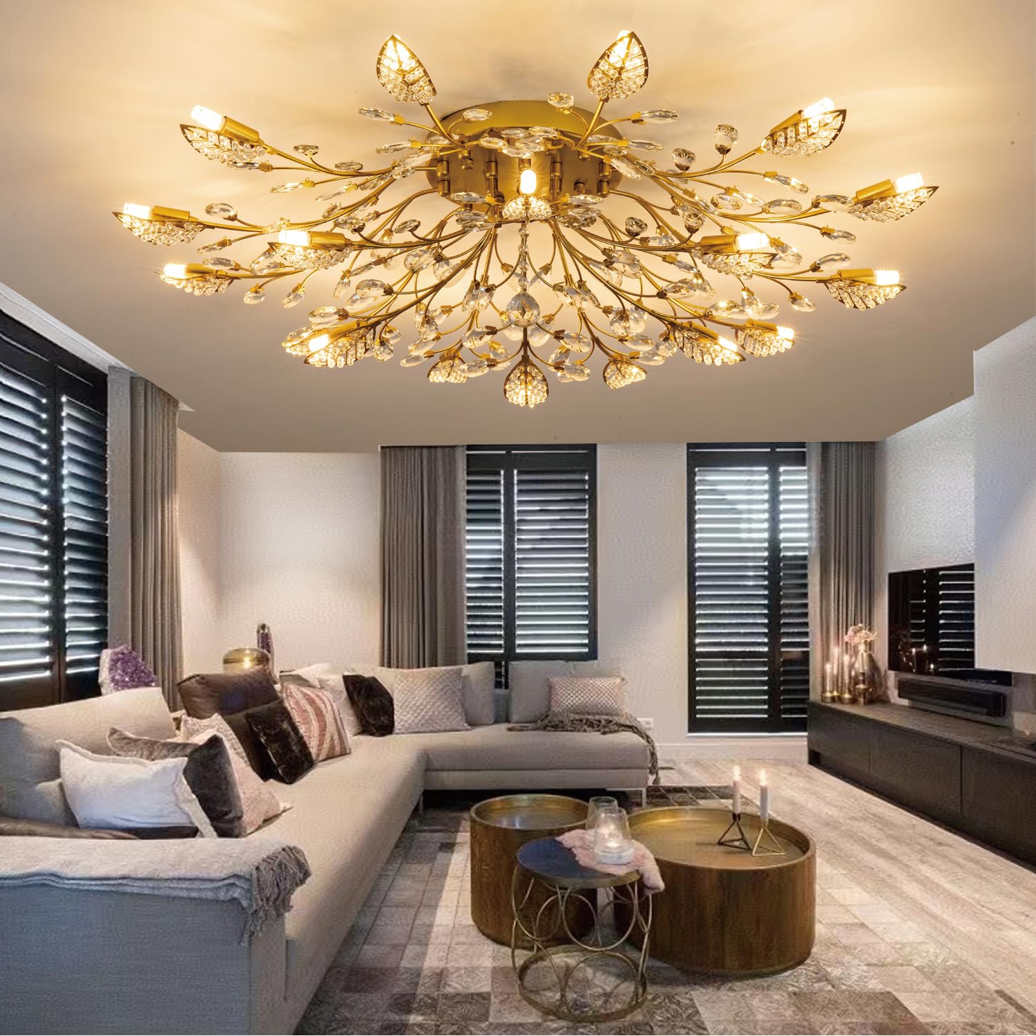 Modern Crystal Ceiling Light Fixture,Semi Flush Mount Chandeliers,Crystal Leaf Ceiling Light, Chandelier For Dining Room,Living