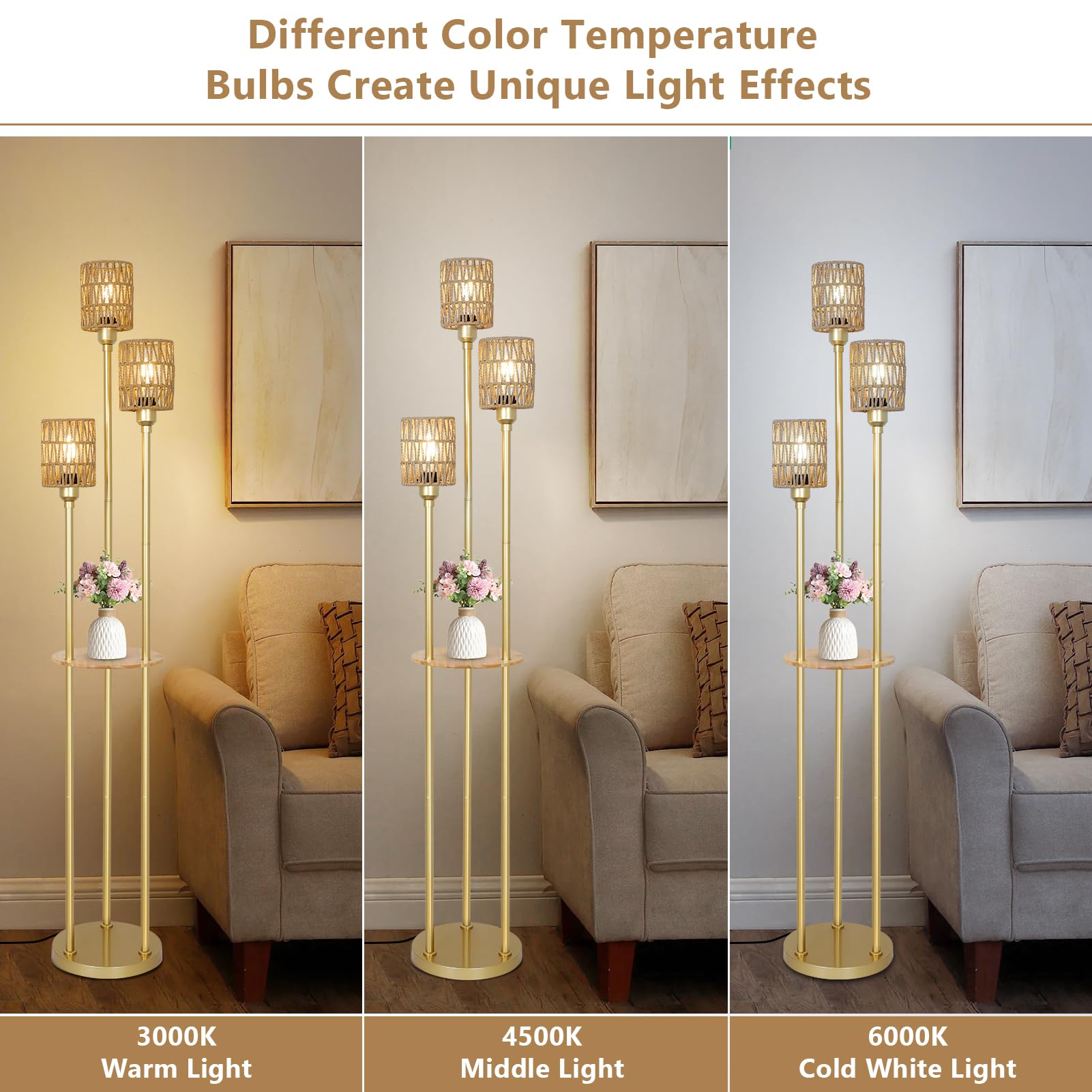 Stepeak Boho Floor Lamp With Shelves, 3-Lights Farmhouse Tall Floor Lamp With On/Off Foot Switch, Gold Modern Floor Lamps With R