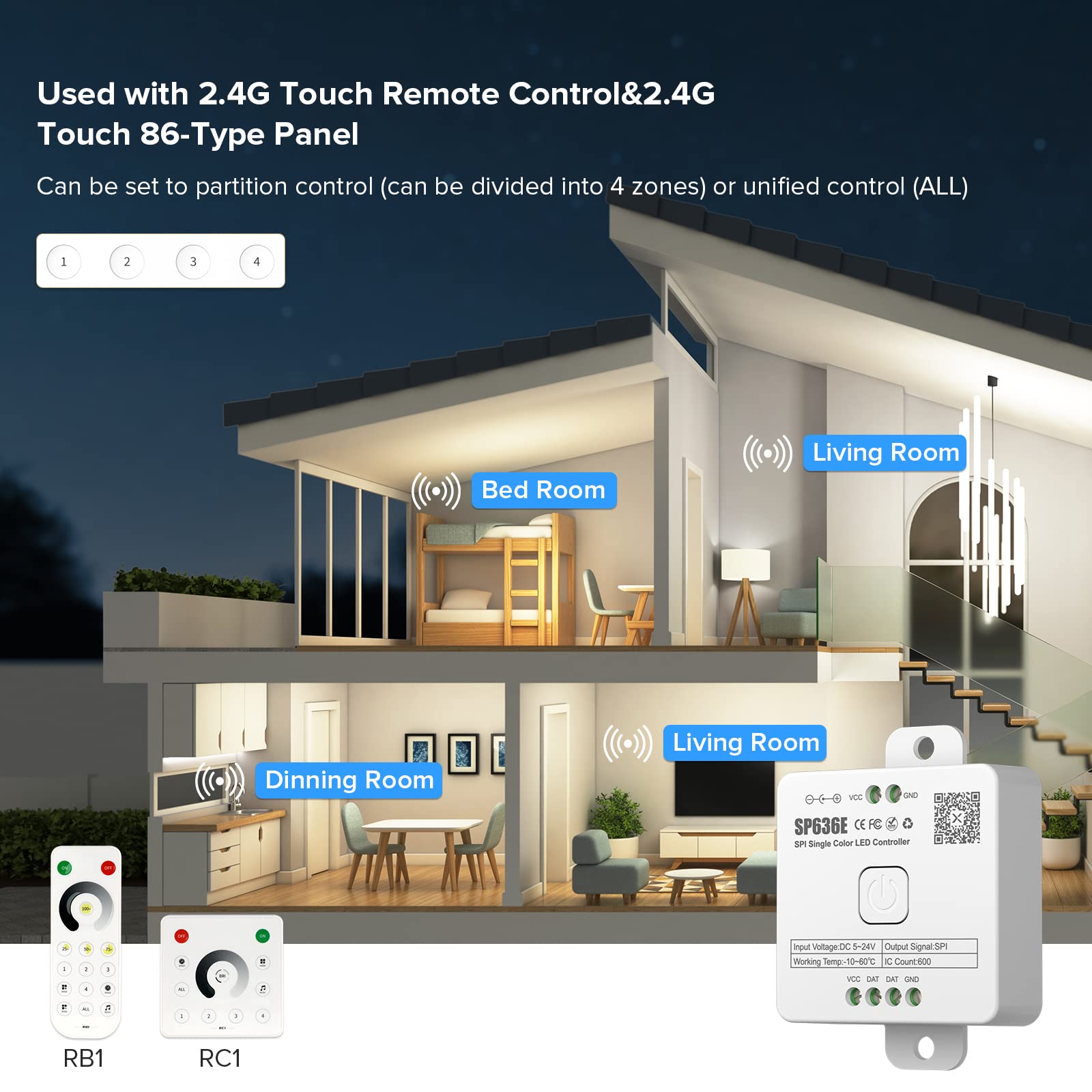 SEZO Bluetooth SPI LED Controller for FCOB IC LED Strip, Model M1SP636E, Multicolor, DC5V-24V, Metal, SP636E Size