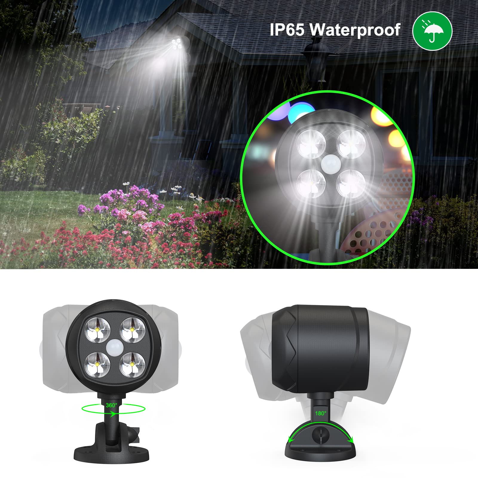 Quiltered 600Lm Battery Operated Motion Sensor Outdoor Lights, Black, 1 Pack, 6000K Led