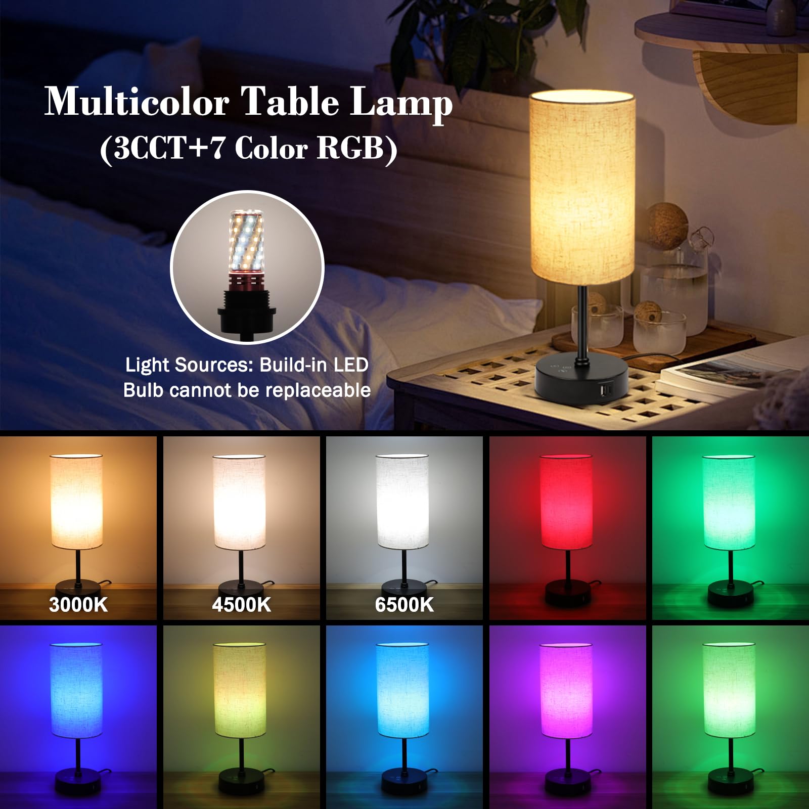 Ascher Rgb Table Lamp Color Changing - 3 Color Temperatures And Stepless Dimmable Small Bedside Lamp For Bedroom, Touch Control