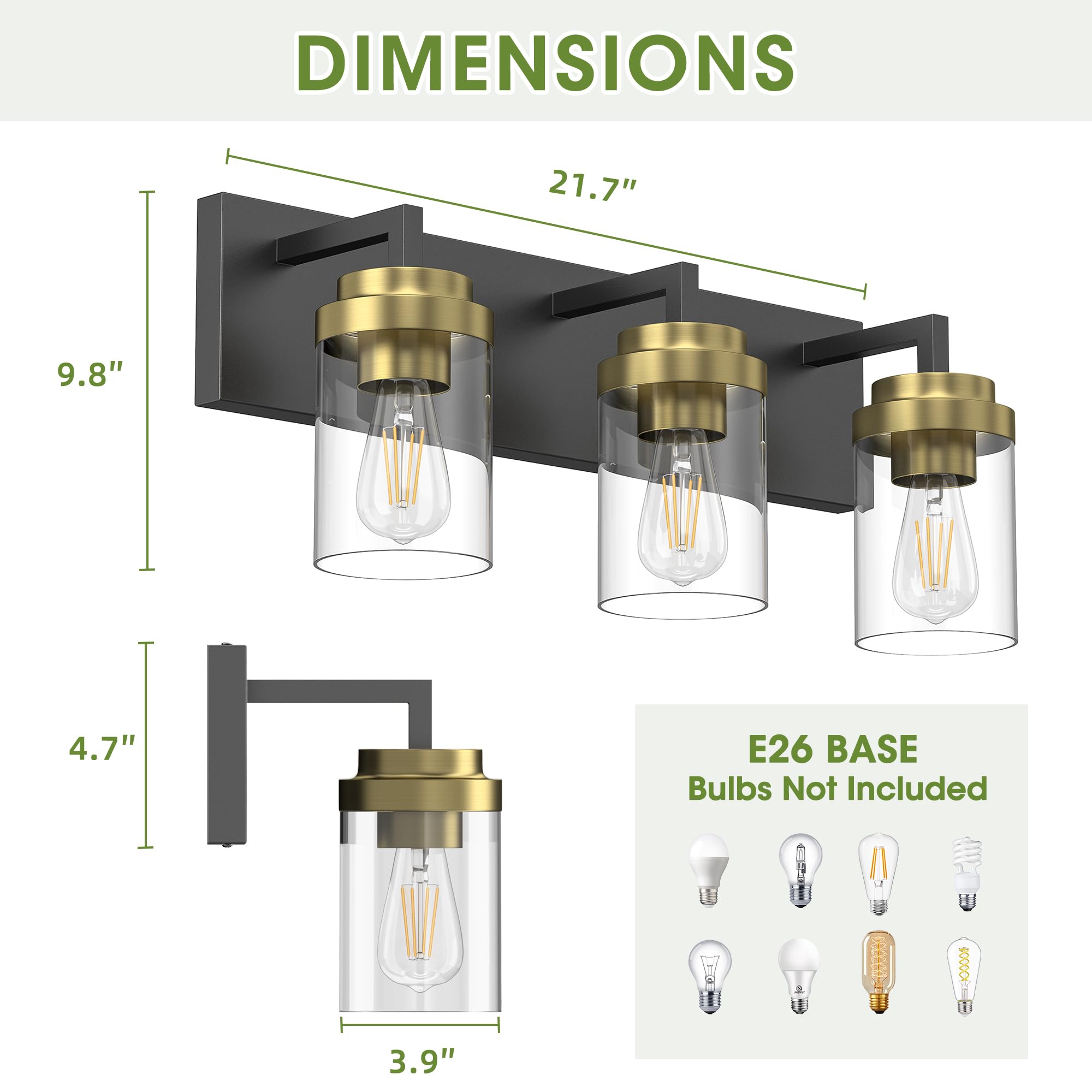 Espird 3-Light Bathroom Vanity Lights, Modern Black Gold Metal Fixtures with Glass Shade, Model L08-3-HJ