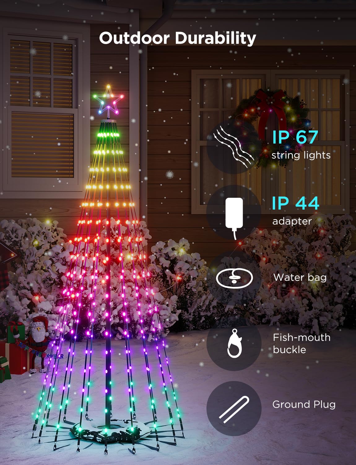 Govee Christmas Cone Tree Lights, 7.5ft, 370 LEDs, RGBIC, IP67 Waterproof, Smart App Control, Model H6841, Black