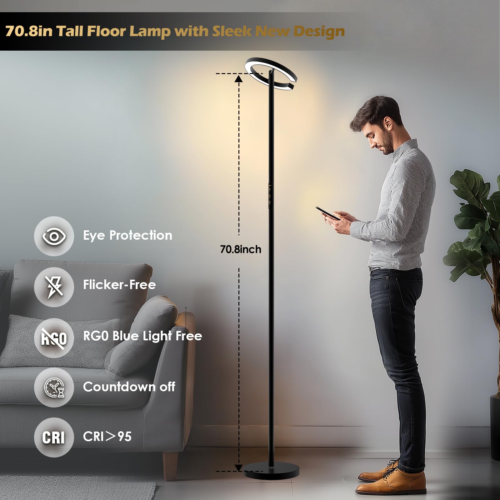 Glowrium-H3B Floor Lamp With Remote,Floor Lamps For Living Room,Stepless Dimmable Rotatable Reading Floor Lamp, 2700-6500K,Moder