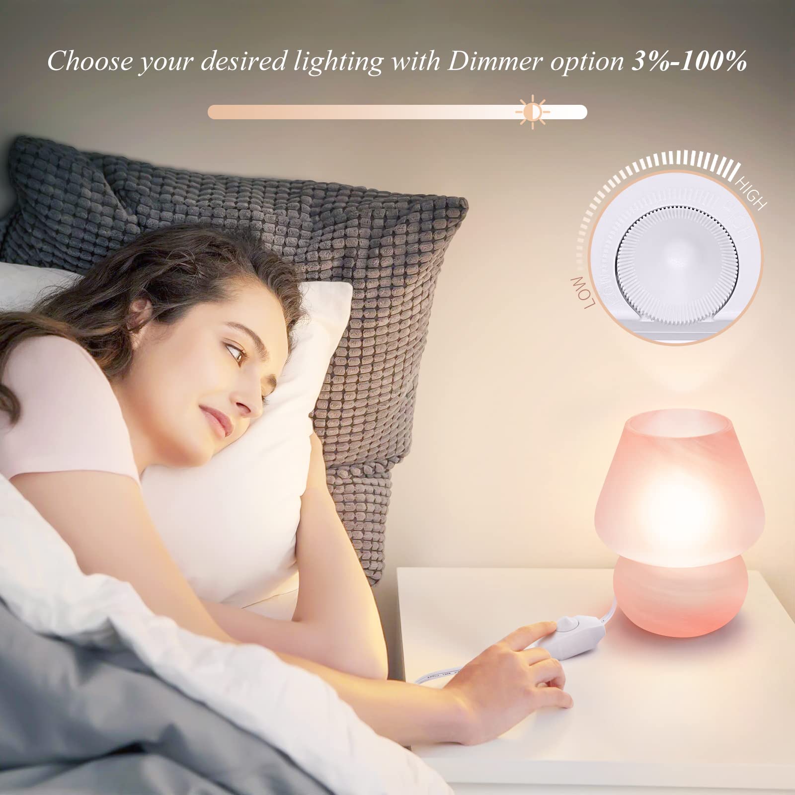 ONEWISH Mushroom Lamp - Cute Pink Table Lamp, Small Glass, Stepless Dimmable Nightlight for Bedroom, Home Decor, Model 13TAB009USB