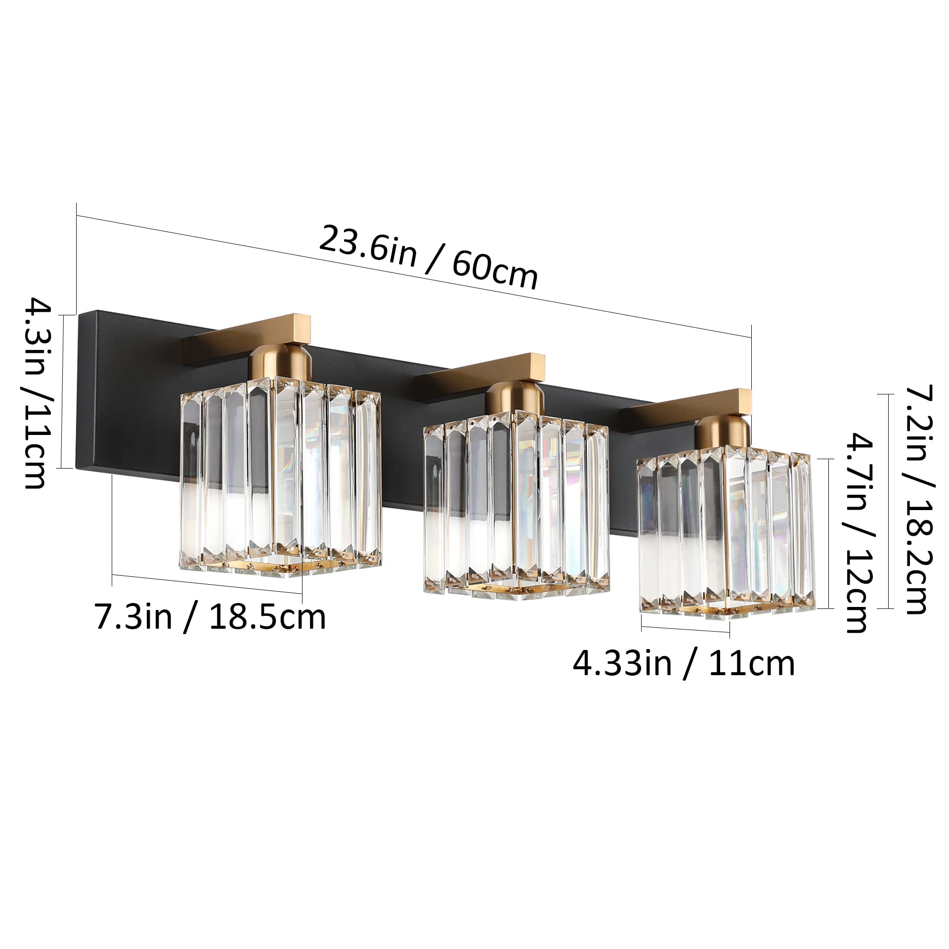 Aipsun 3-Light Vanity Light Fixtures, Black Brass Square Shade, Aluminum, Model 8461, Modern Bathroom Lighting