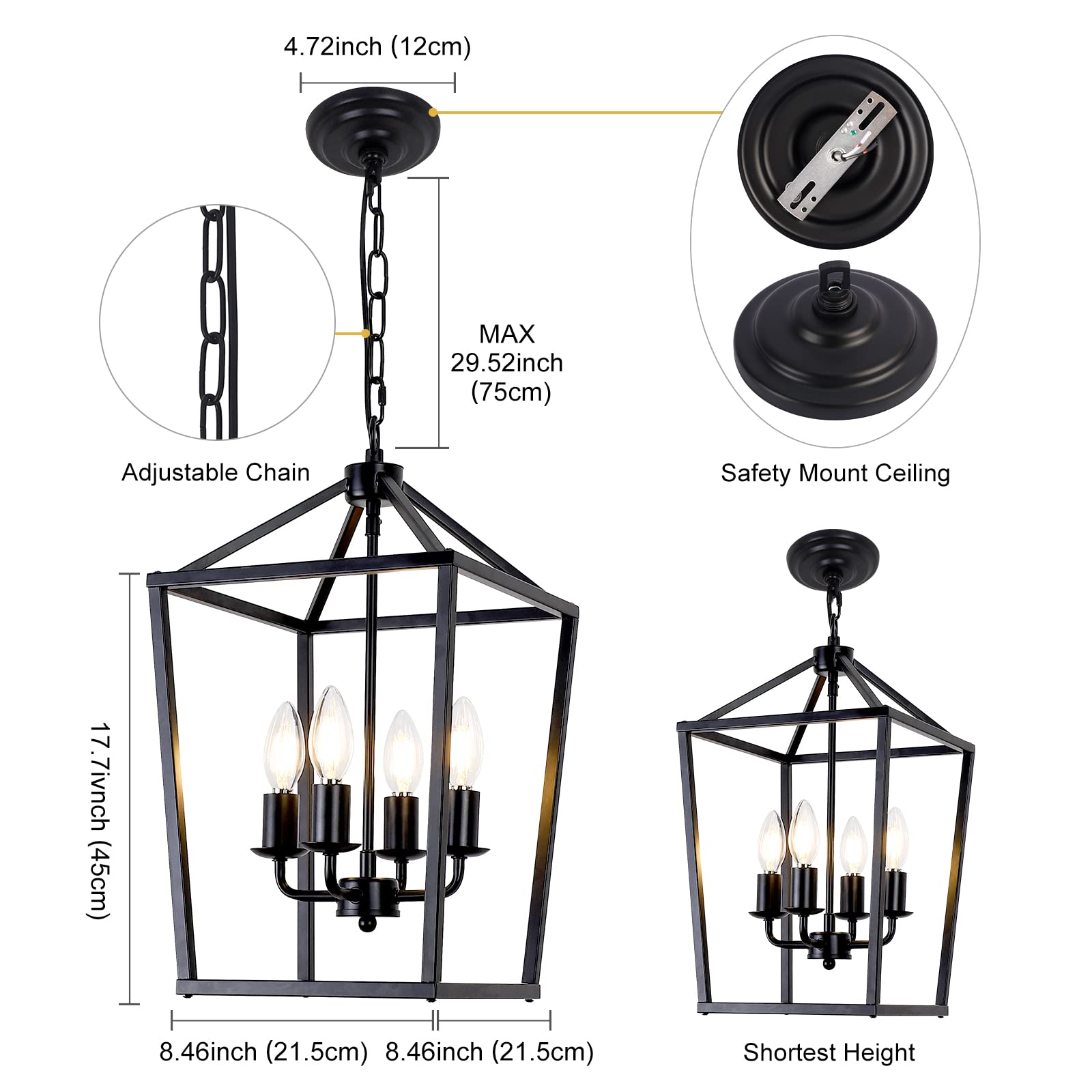 Pakokula 4-Light Black Farmhouse Chandelier, Rustic Metal Lantern Pendant Light For Home Decor