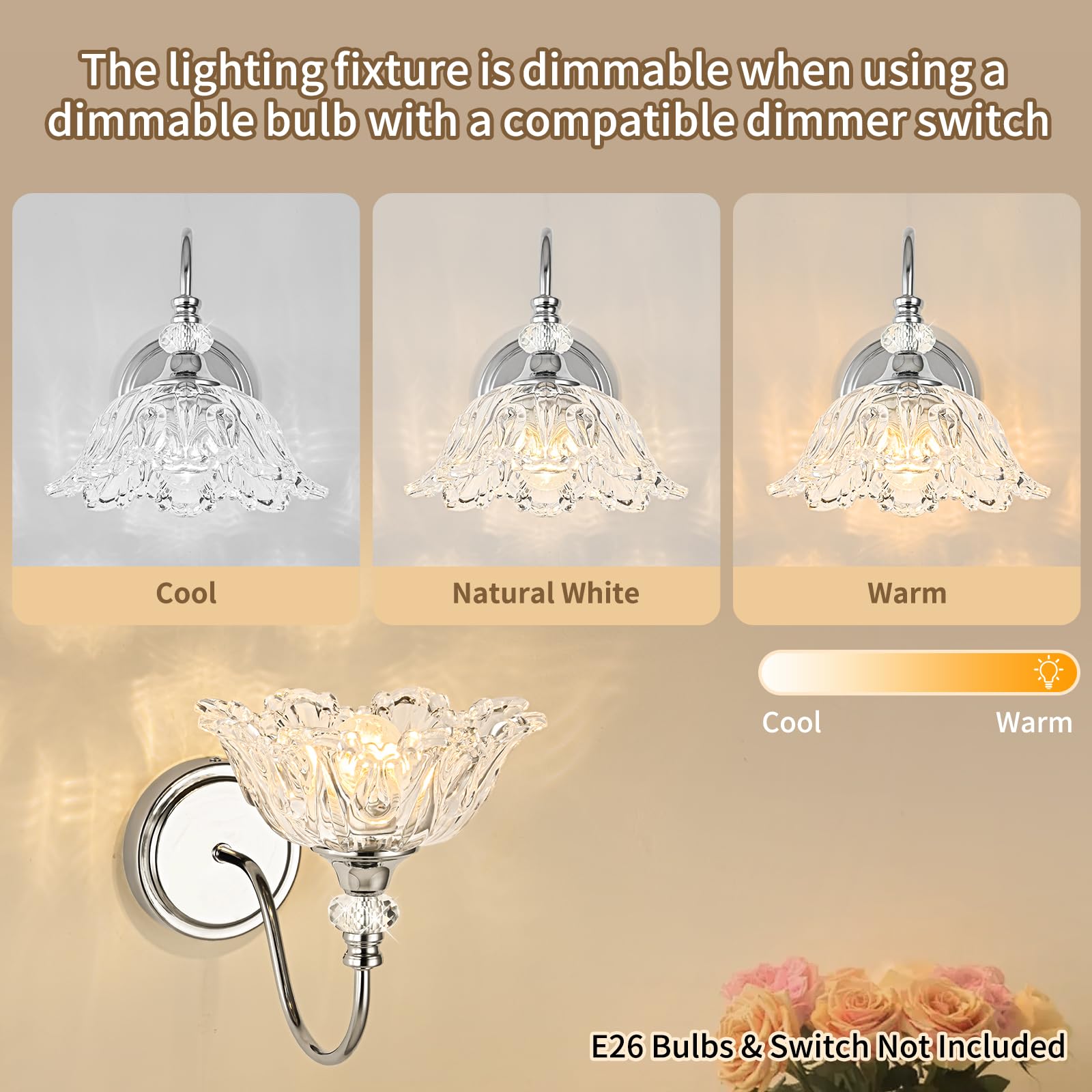 sunkryster Chrome Wall Sconce - 1-Light Modern Bathroom Vanity Light with Floral Glass Shade, Model Sun-104AB-1-Chrome