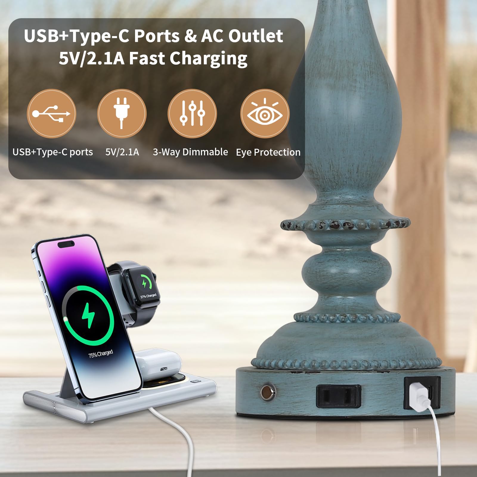 Cinsary 28'' Tall Coastal Table Lamps For Living Room Set Of 2, Farmhouse Rustic Blue Bedside Touch Lamp With Usb C+A Ports & Ou