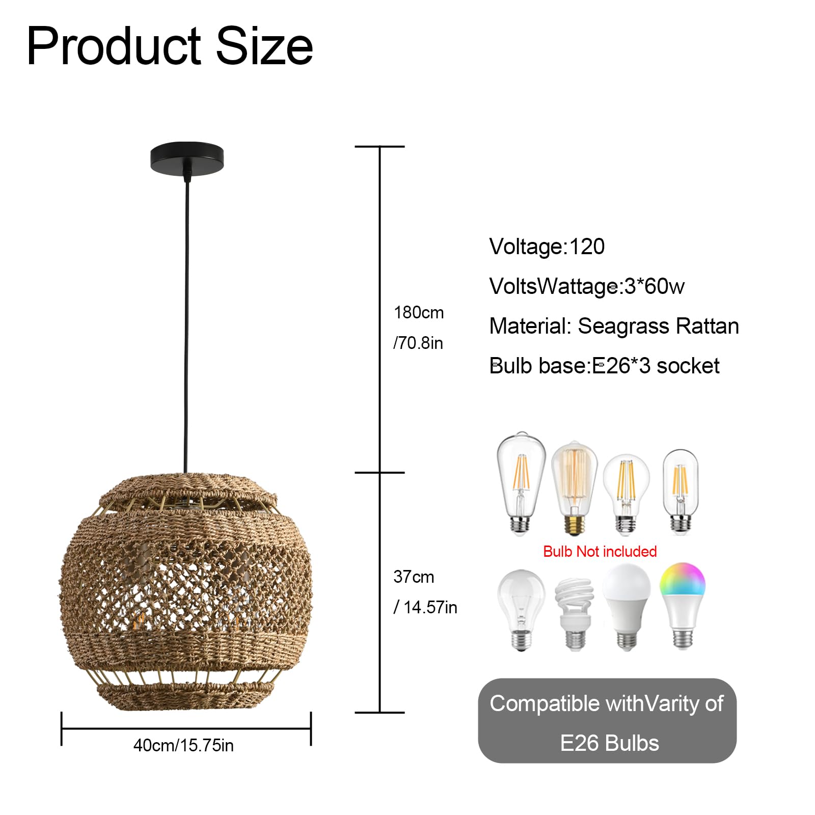 Teru Ji Kaikang 15.75'' Rattan Pendant Light 3-Light Boho Seagrass Hanging Light Hand Woven Water Plants Rattan Chandelier For D
