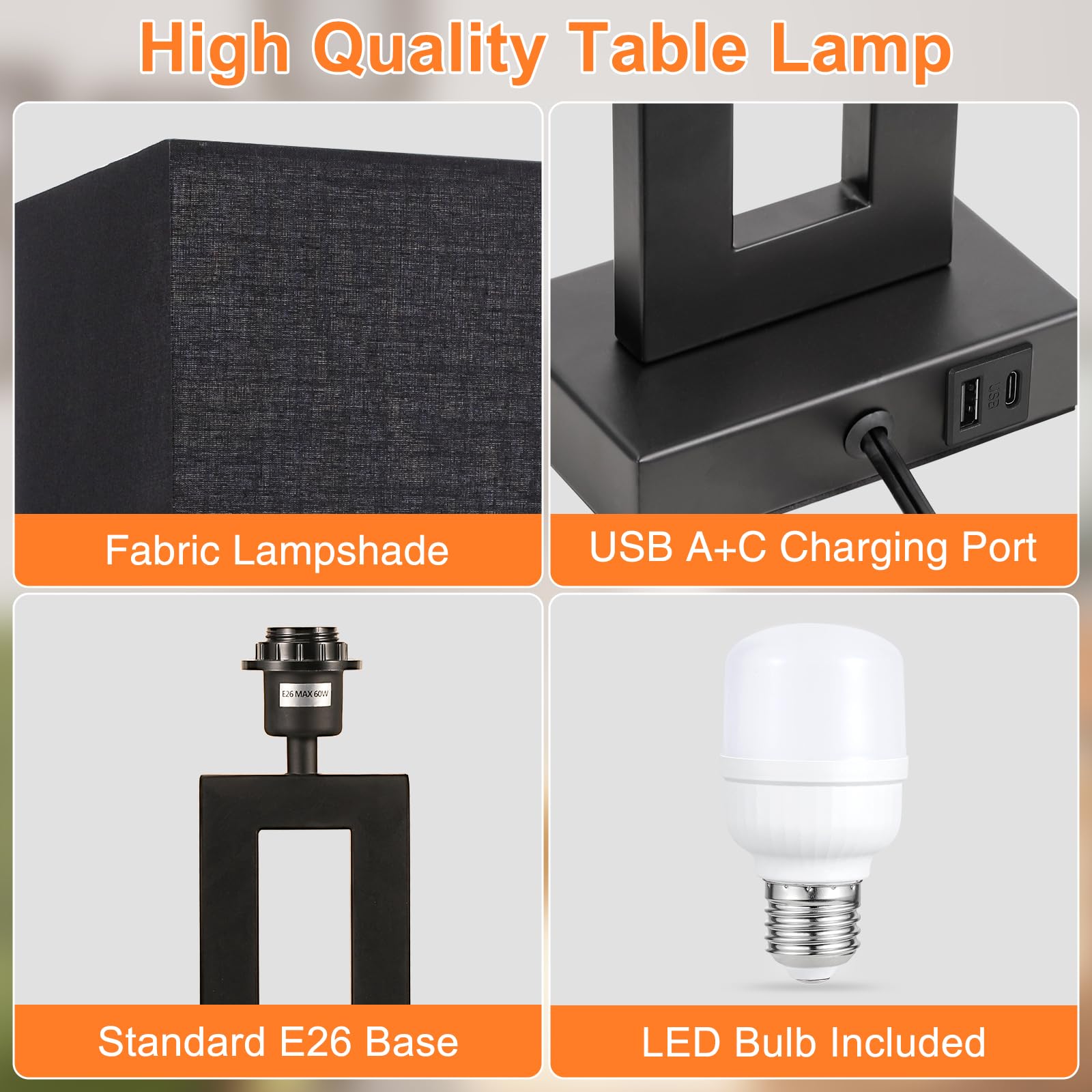 Seealle 22'''' Tall Living Room Lamps For Night Stands - Touch Bedside Lamp With Usb C+A, 3 Way Dimmable Bedroom Lamps For End T