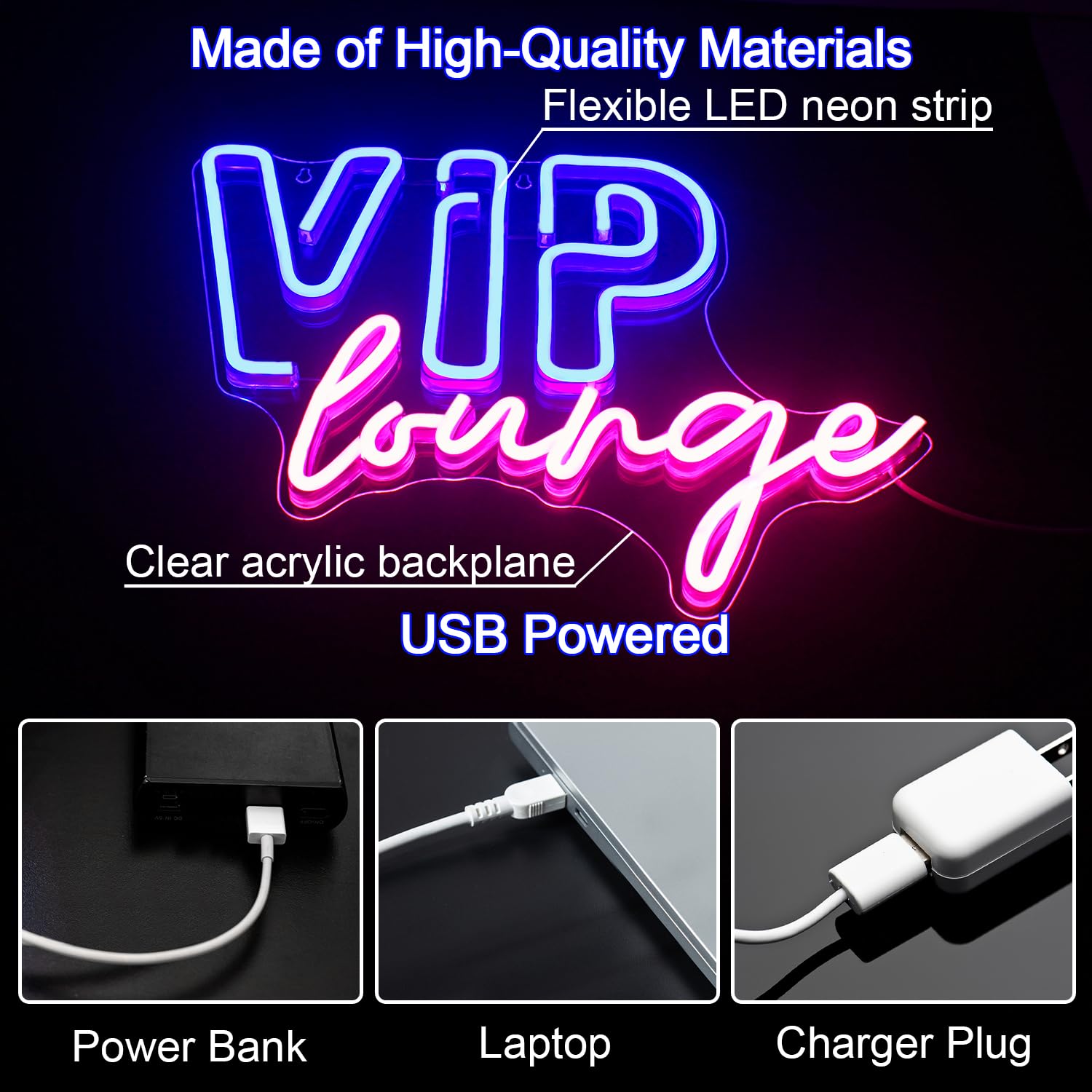 Horseneon VIP Lounge Neon Sign - USB Powered LED Wall Decor, Acrylic, Blue & Pink