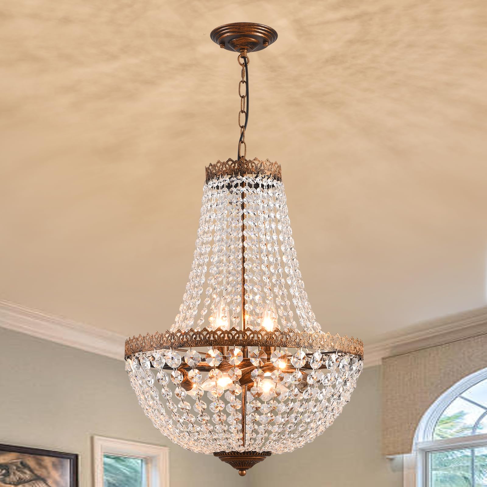 KAIQI 6-Light French Empire Crystal Chandelier, Antique Bronze, 25.6inH x 18.5inW, Model KQ8019/6, Farmhouse Pendant Lighting