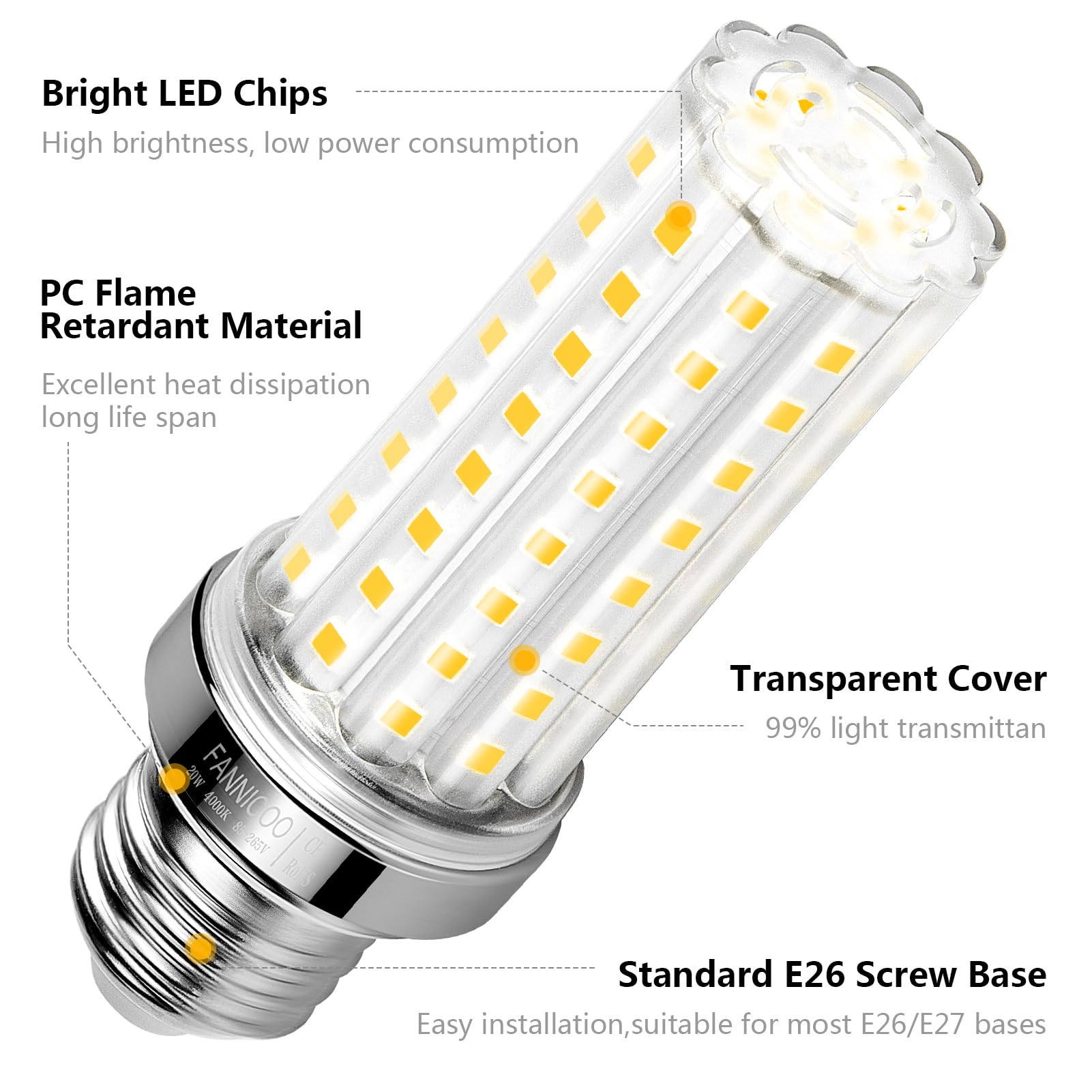 FanNicoo LED Corn Light Bulb, 150W Equivalent, 2500 Lumen, 4000K Neutral White, E26/E27 Base, Pack of 4