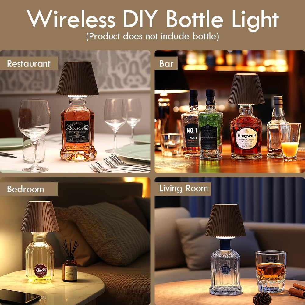 WILIT Wireless Wine Bottle Lamp - 2 Pack, Rechargeable, 3-Level Brightness, Brown, Ideal for Bedroom, Living Room, Kitchen, Gifts for Her