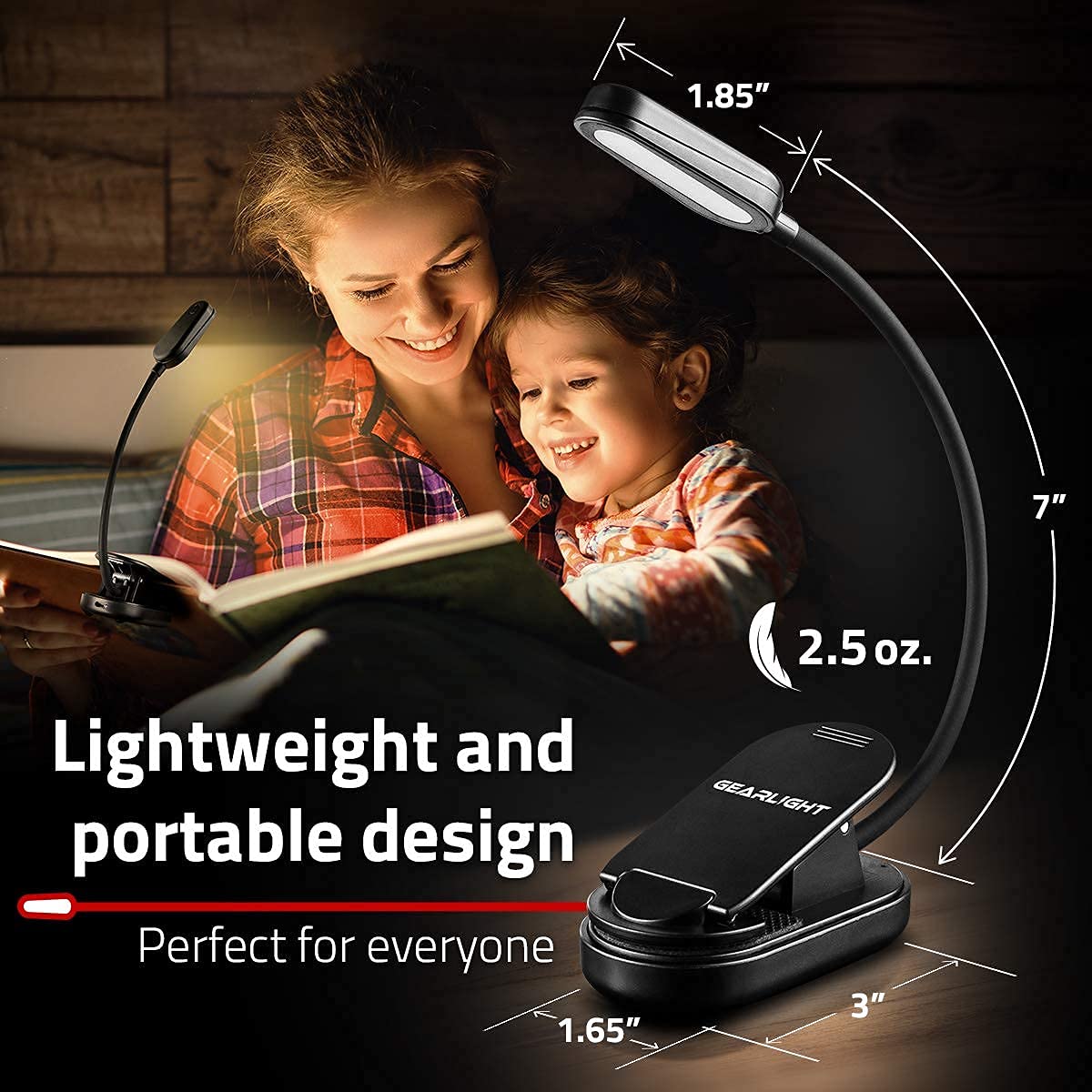 GearLight Rechargeable Clip-on Book Light - 2-Pack, Adjustable LED, Flexible Neck, Black, Model GL-BLN-2P