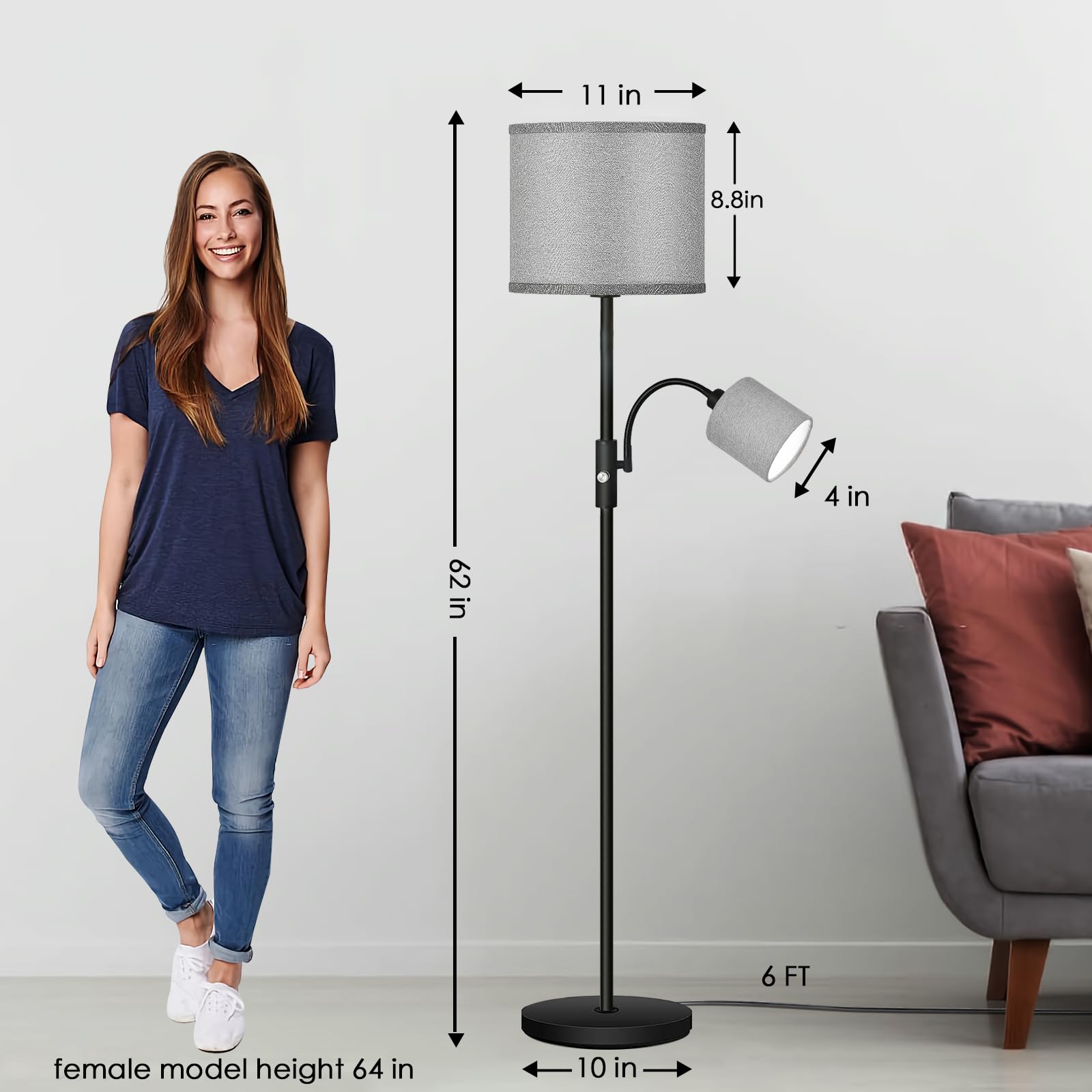 Auquee Floor Lamp Standing Lamp, Modern Living Room Lamp With Reading Lamp, Bright Boho Lamp With Grey Lamp Shade, 3-Way Rotary