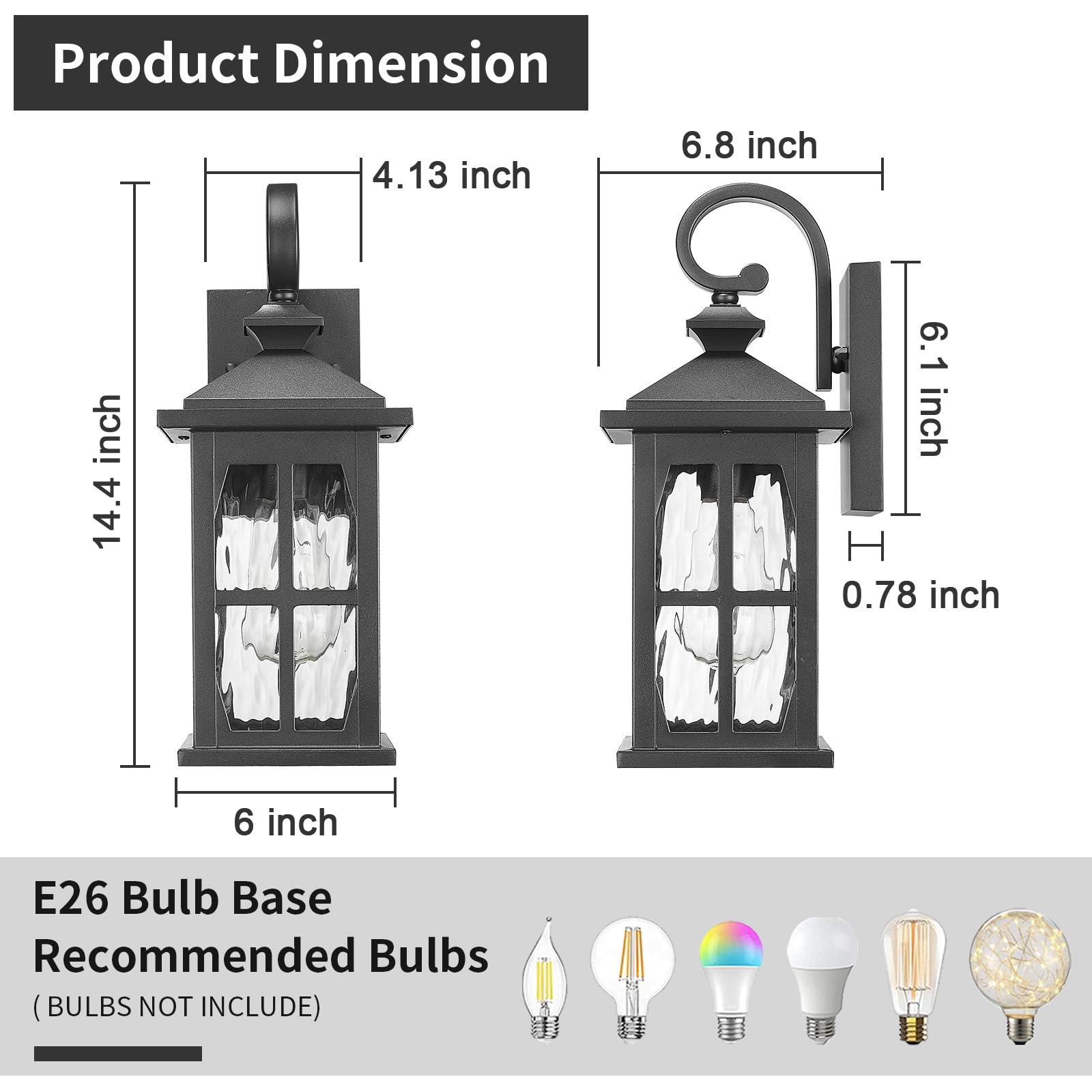 Darkaway Outdoor Wall Lights, 2-Pack Medium, Water Ripple Glass, Black Aluminum, Model 6D11B, Ideal for Porch, Hallway, Garage, Front Door
