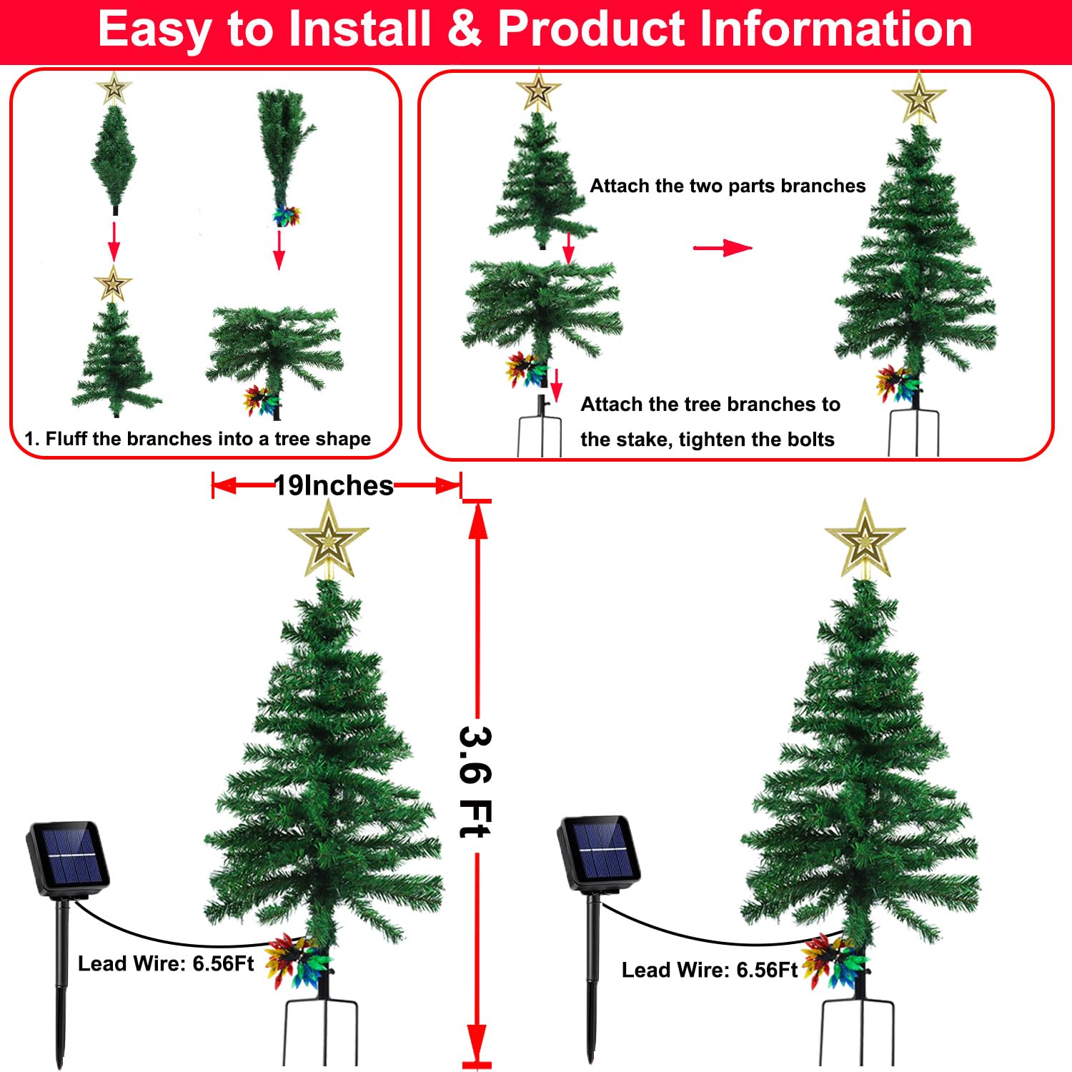 Ohwewant 2-Pack Solar Christmas Tree Lights, 3.6Ft, 100 Led, 8 Modes, Waterproof, Green Tree Decorations For Yard And Porch