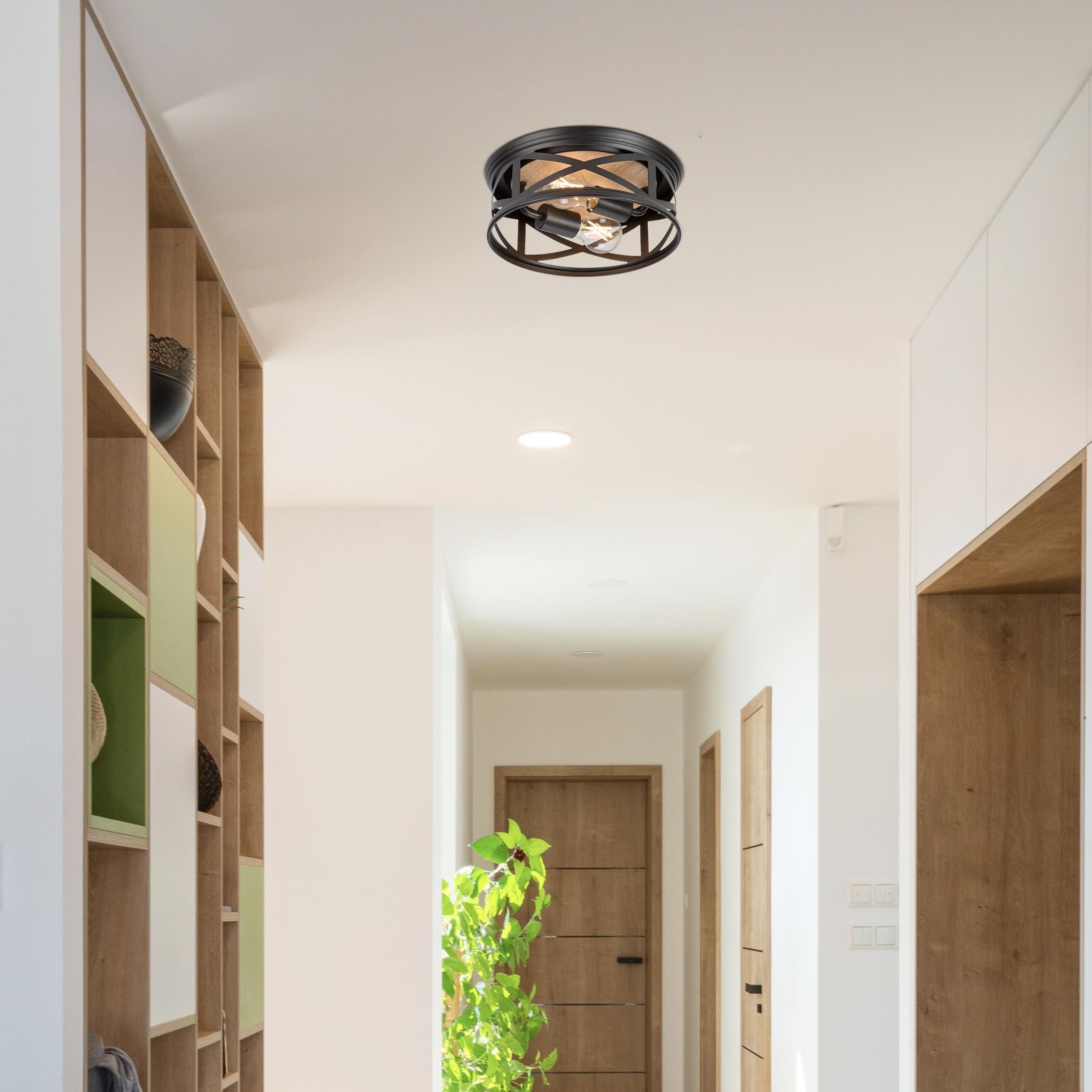 Maxxima Indoor/Outdoor Flush Mount Ceiling Light Fixture, 2-Light Round Farmhouse Close To Ceiling Entryway Light, Black W/Wood