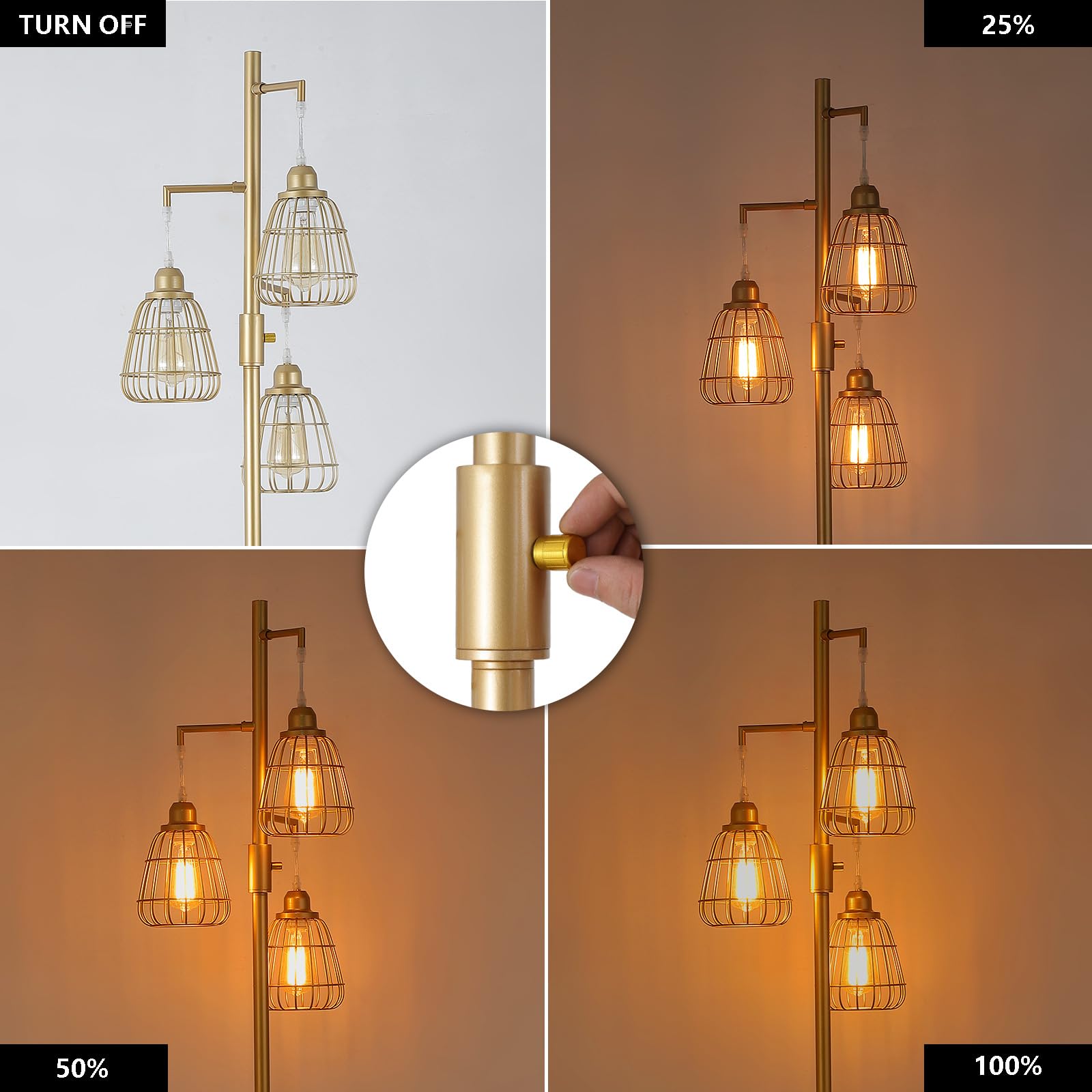 9Mmml Gold Dimmable Floor Lamp,Industrial Farmhouse Tall Standing Floor Lamp For Living Room, Bedroom, Corner,Office,Gold 3 Tear